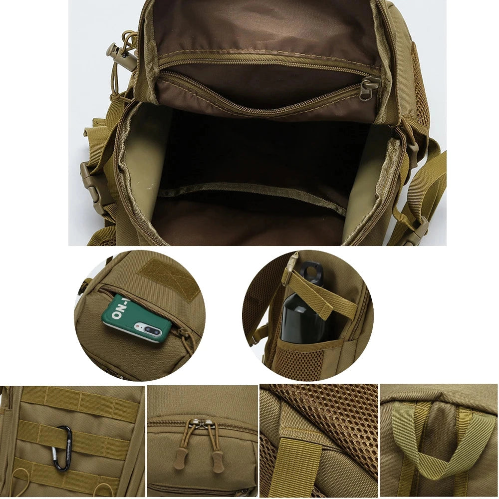 Brown and khaki waterproof tactical backpack featuring a durable MOLLE system, designed for military and outdoor use.