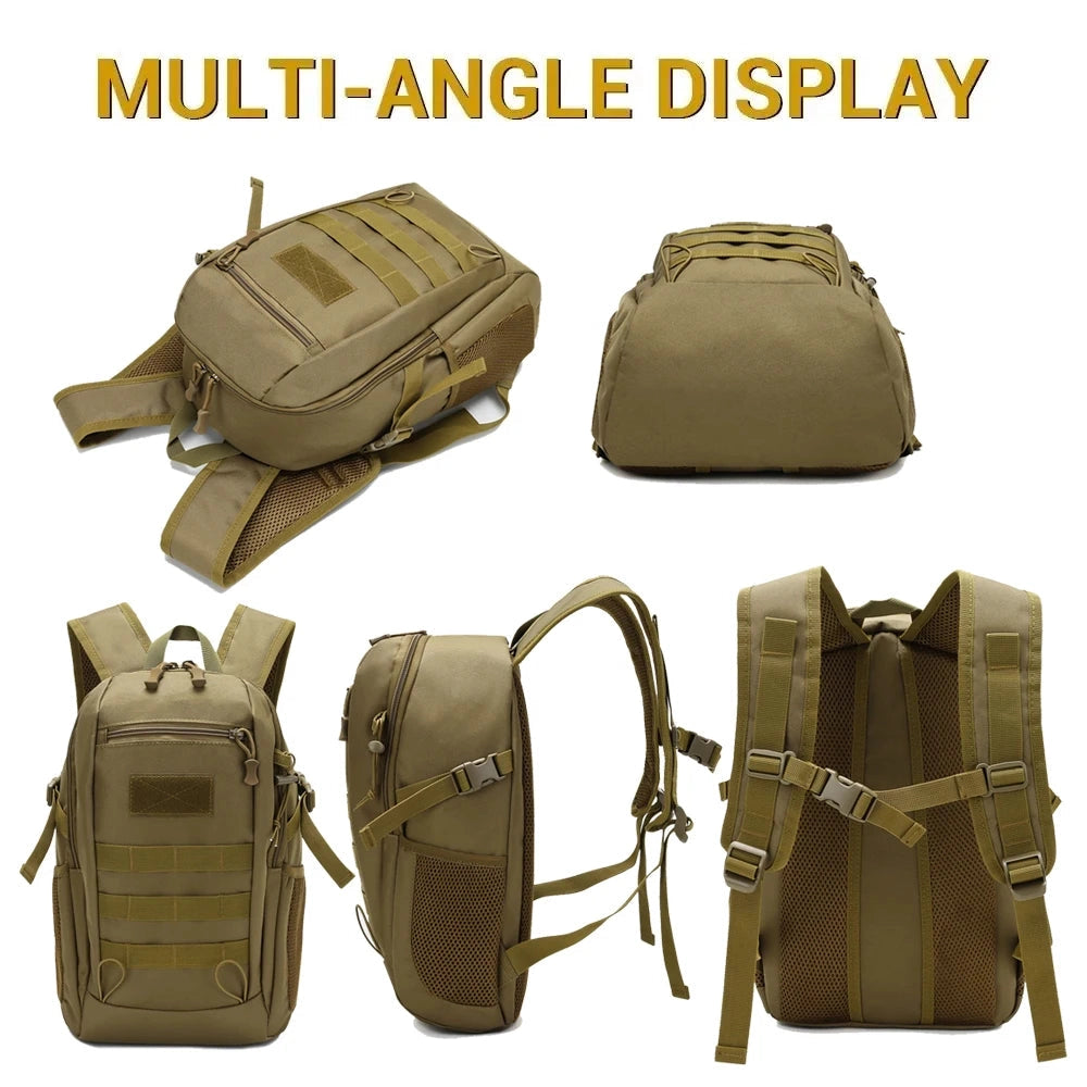 Waterproof tactical backpack with a durable MOLLE system in khaki color, designed for military use and travel, featuring multiple compartments and adjustable shoulder straps.