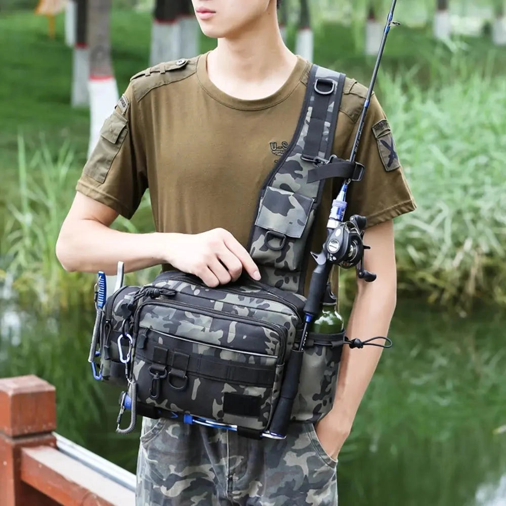 Waterproof tactical fishing tackle bag with camouflage design, featuring a rod holder and multiple storage compartments, suitable for outdoor activities.