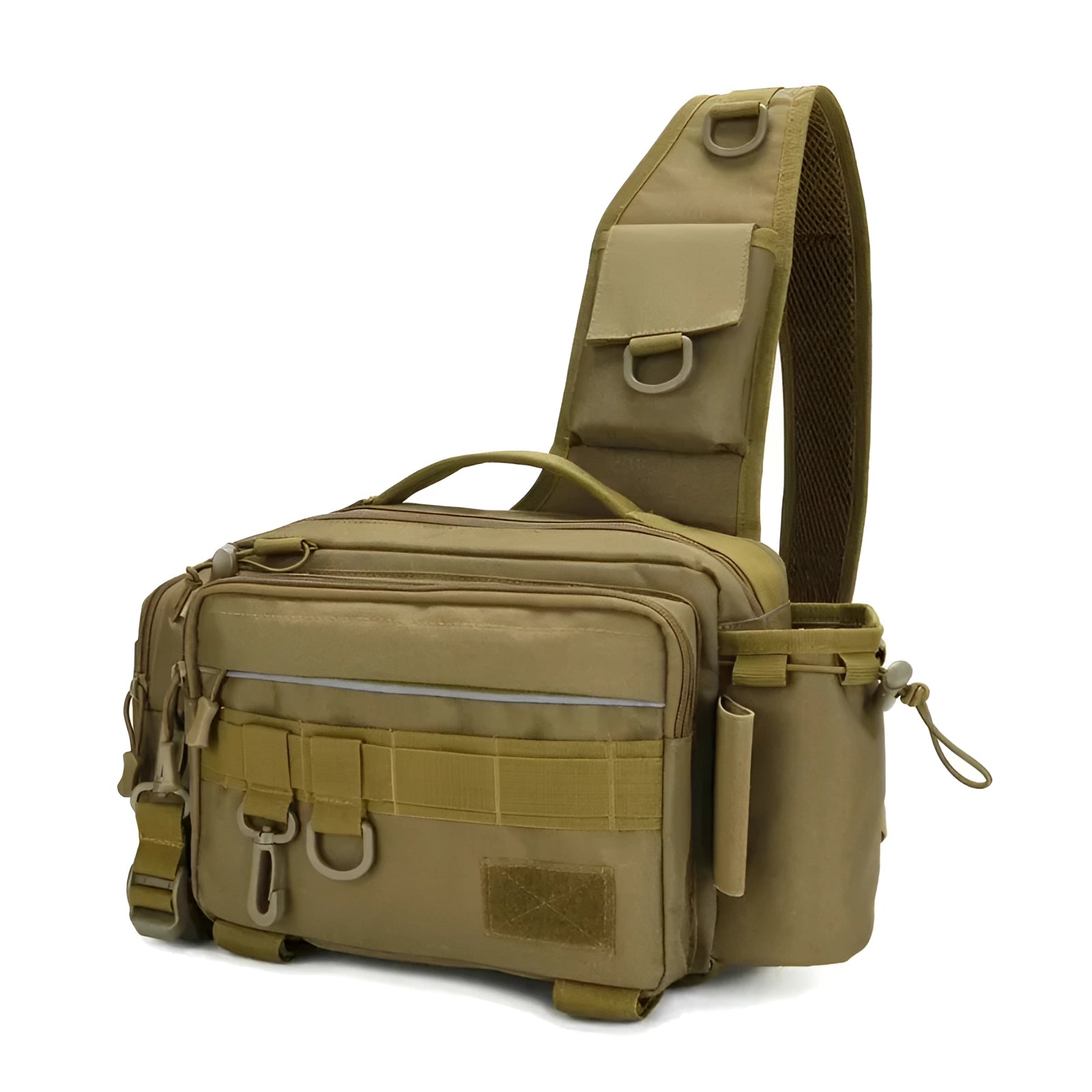 Khaki waterproof tactical fishing tackle bag with rod holder and multiple storage compartments, designed for travel and outdoor use.