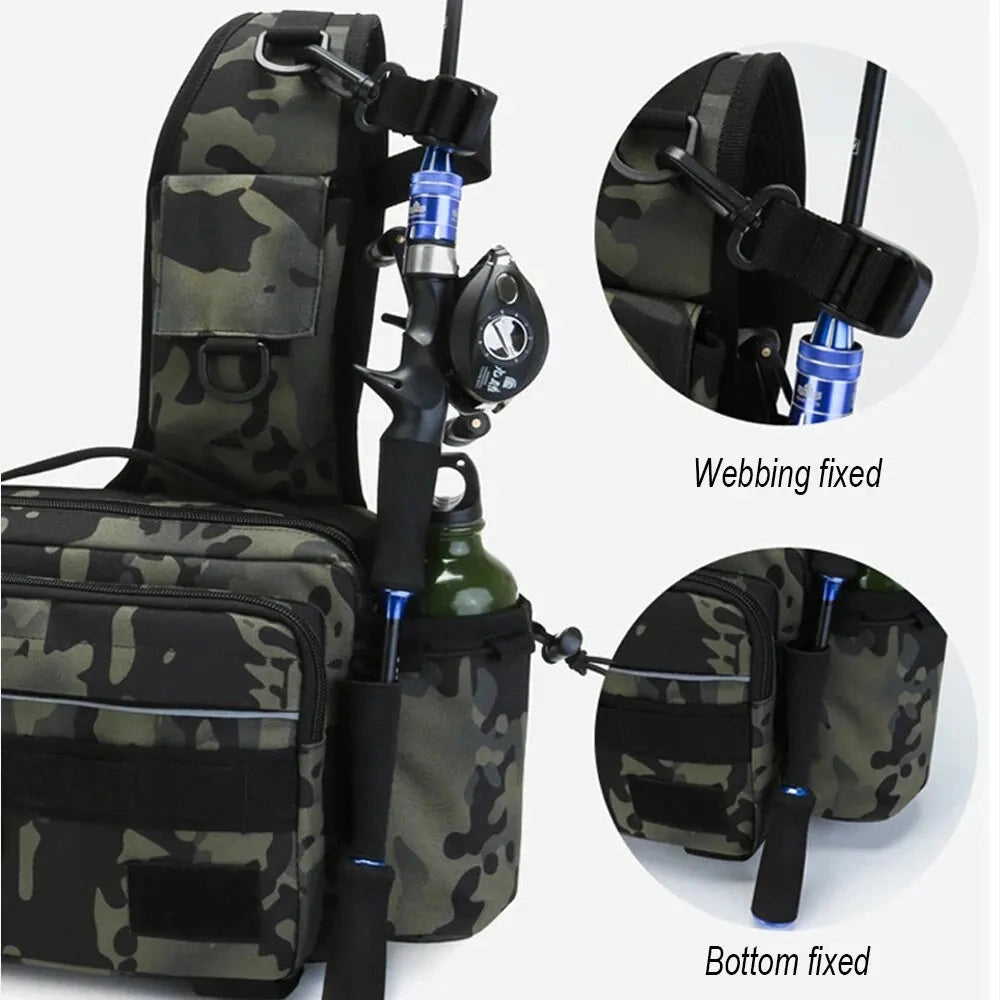 Waterproof tactical fishing tackle bag featuring rod holder and multiple storage compartments, designed for outdoor fishing activities.