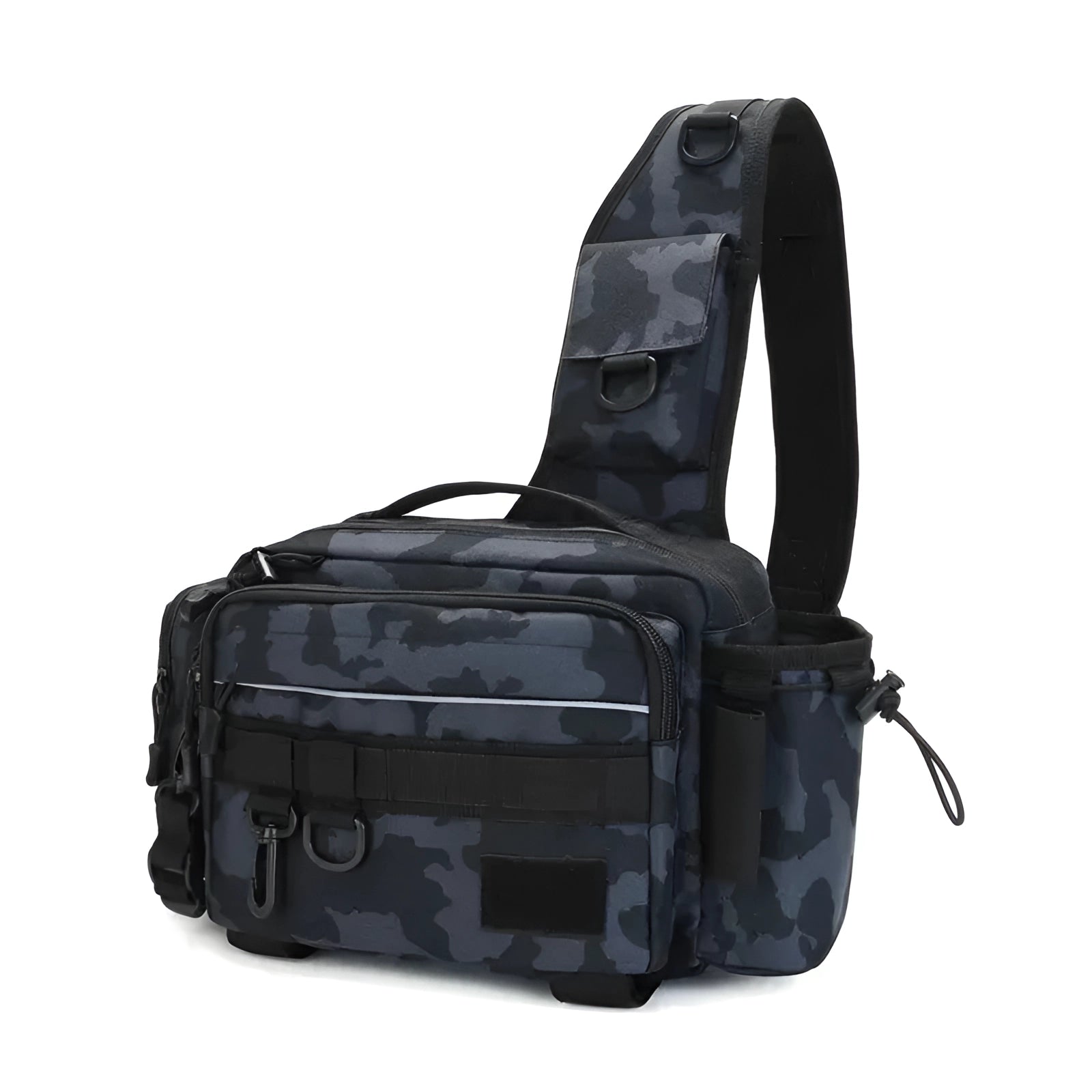 Waterproof Tactical Fishing Tackle Bag in Black Camo with Rod Holder and Multiple Storage Compartments, Adjustable Straps, and Durable Metal Accents.