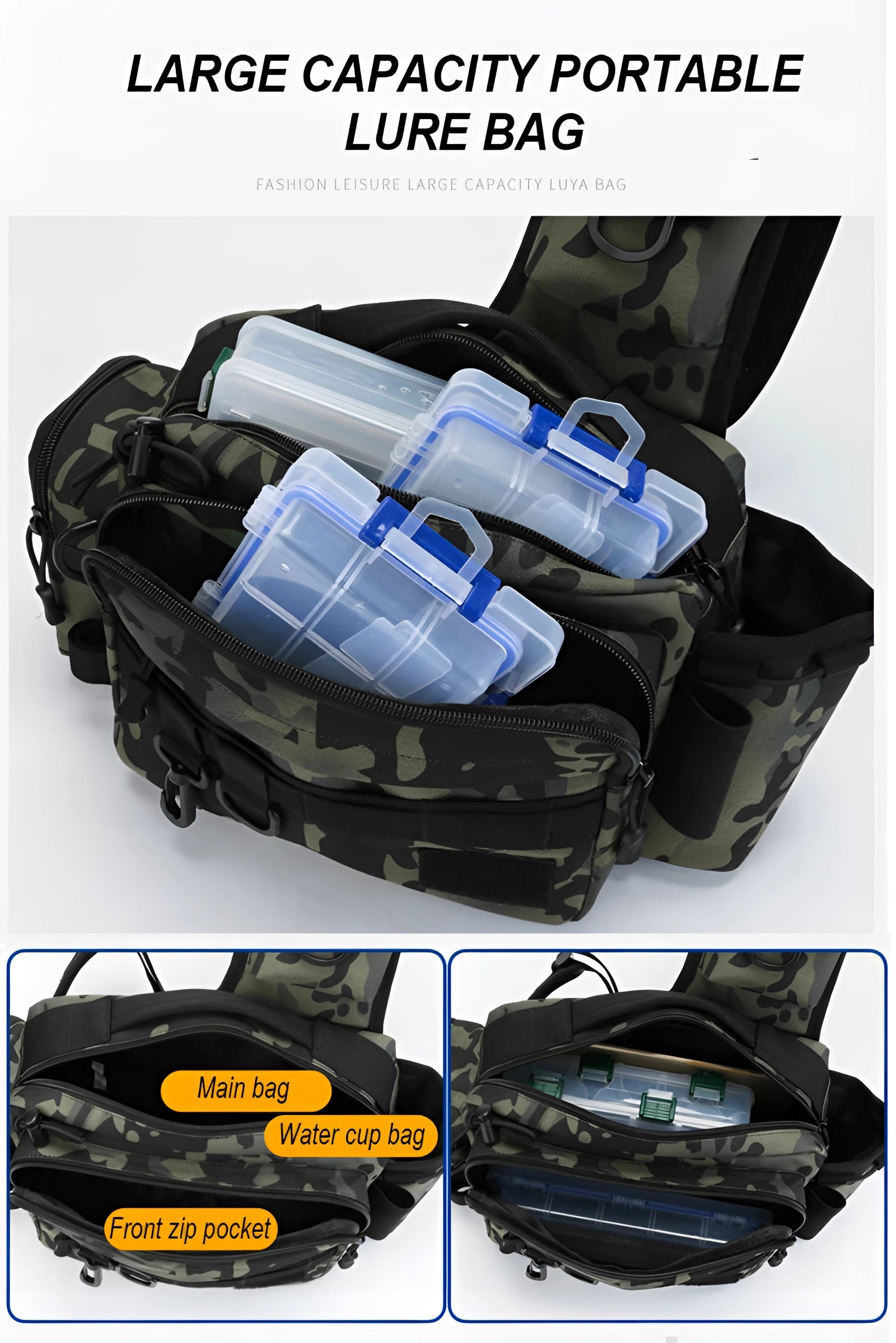 Waterproof tactical fishing tackle bag with rod holder and ample storage compartments.