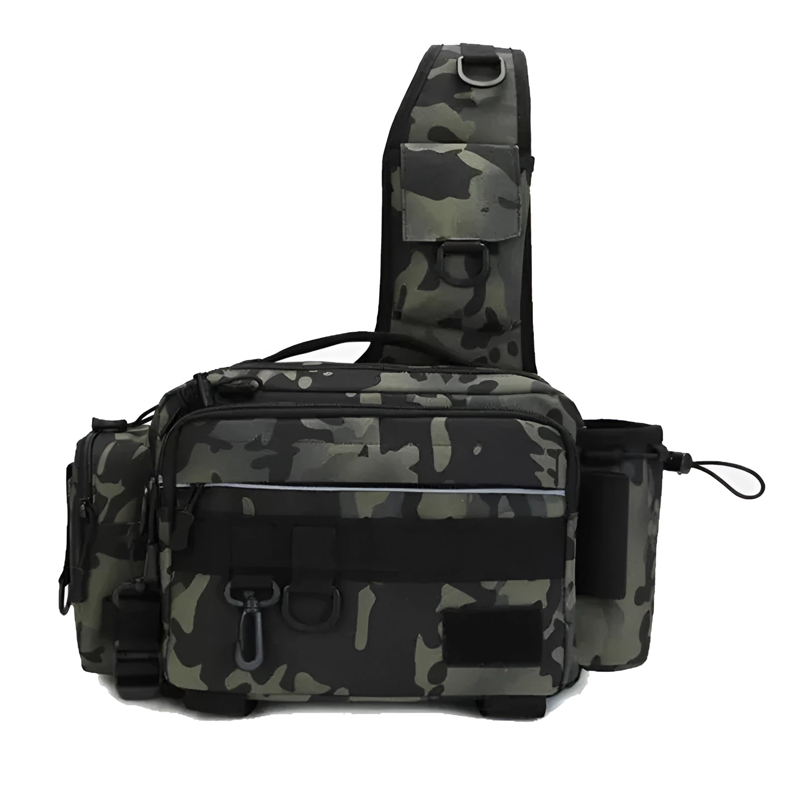 Waterproof tactical fishing tackle bag in black CP featuring a rod holder, multiple storage compartments, and a camouflage design with durable straps.