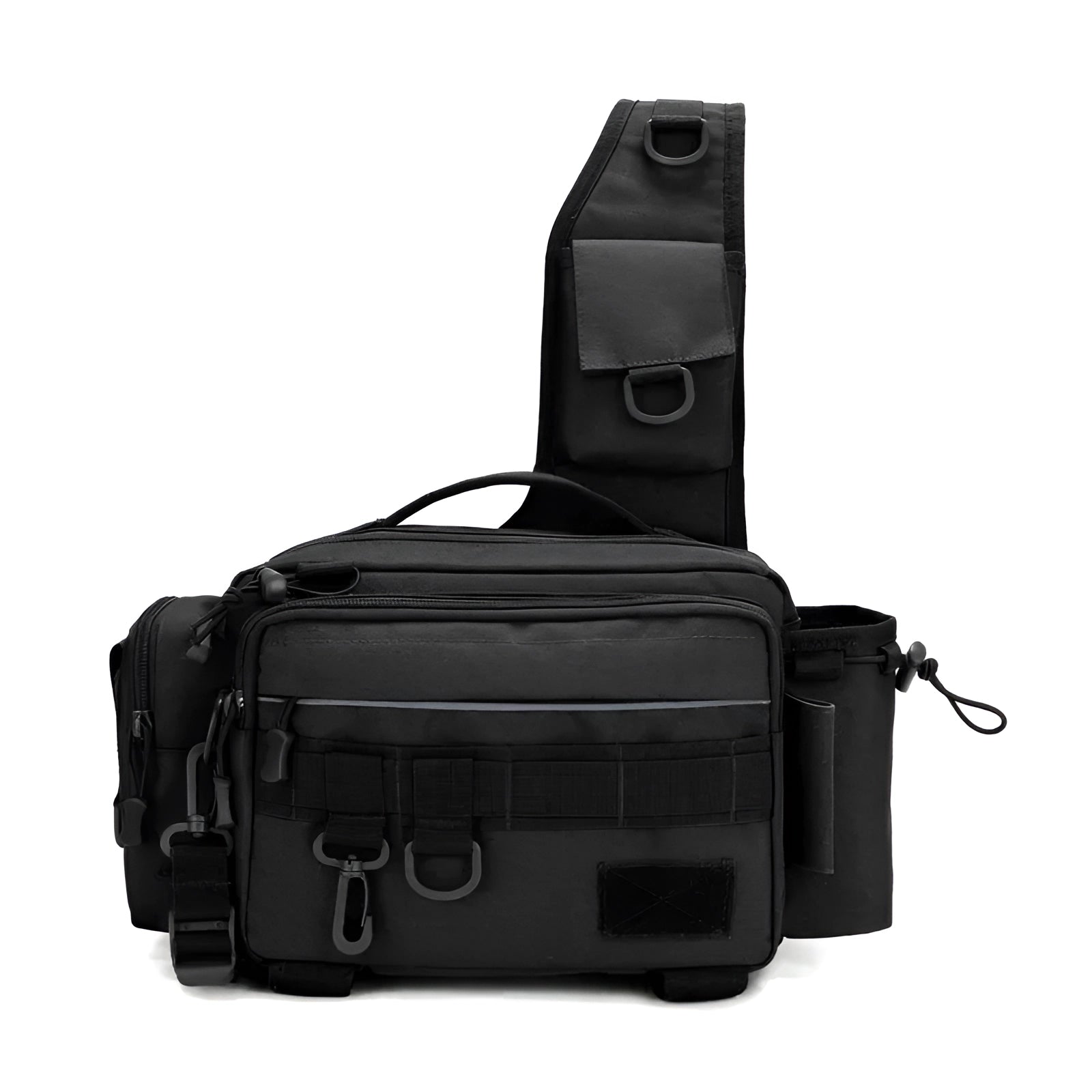 Waterproof tactical fishing tackle bag in black with a rod holder, featuring multiple storage compartments, adjustable straps, and a durable rectangular design.