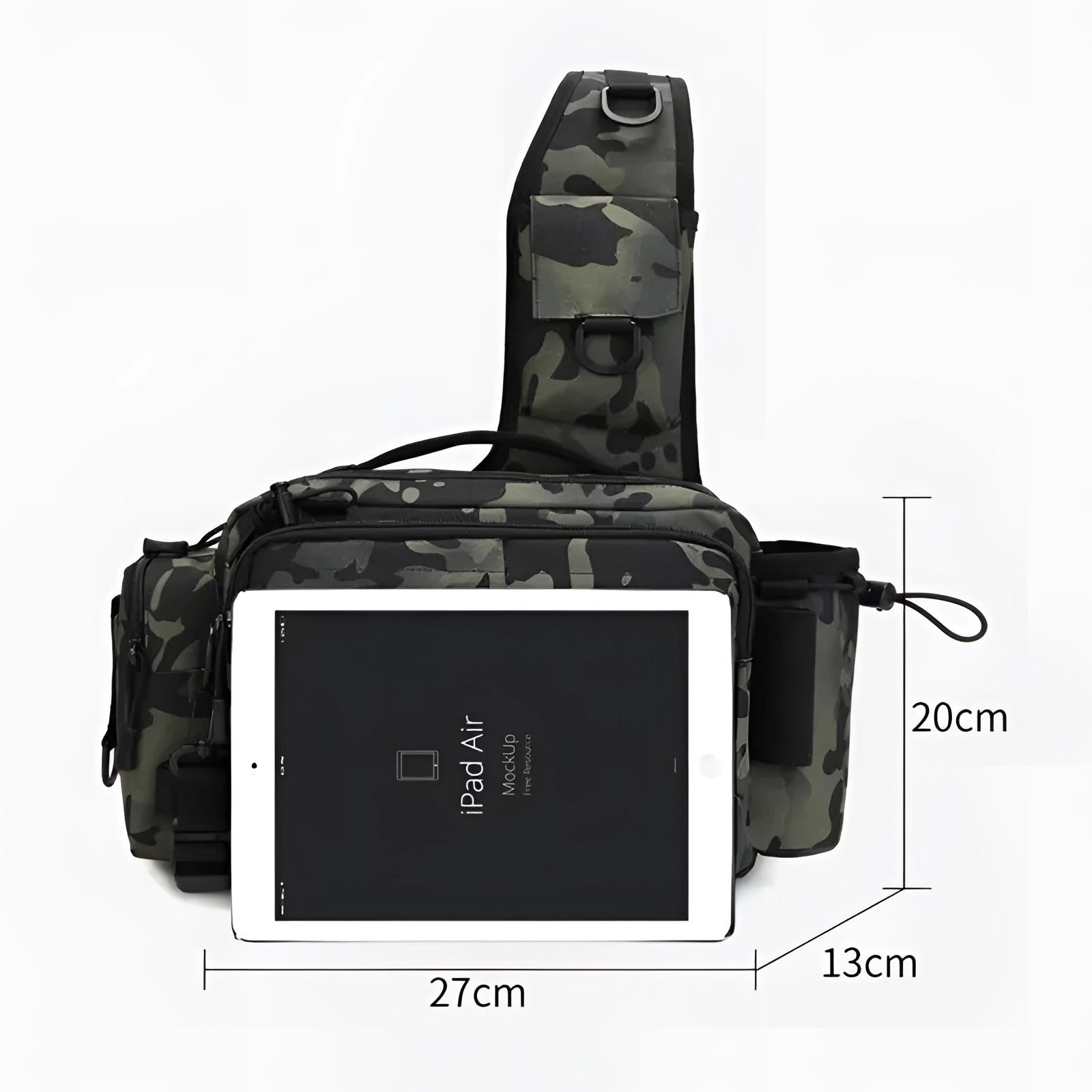 Waterproof tactical fishing tackle bag featuring a rod holder, multiple storage compartments, and adjustable straps.