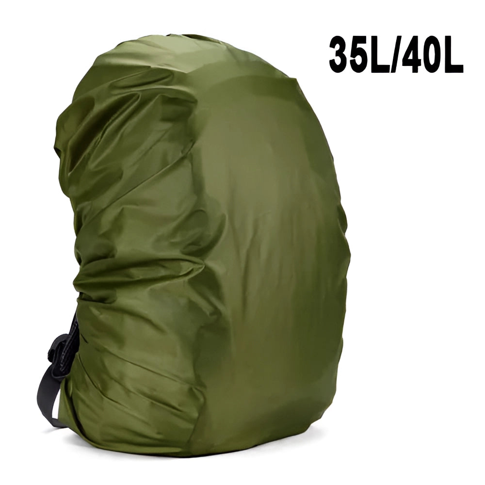 Waterproof ultralight backpack rain cover in army green, suitable for 35-40L backpacks, displayed outdoors against a natural setting with rocks and plants.