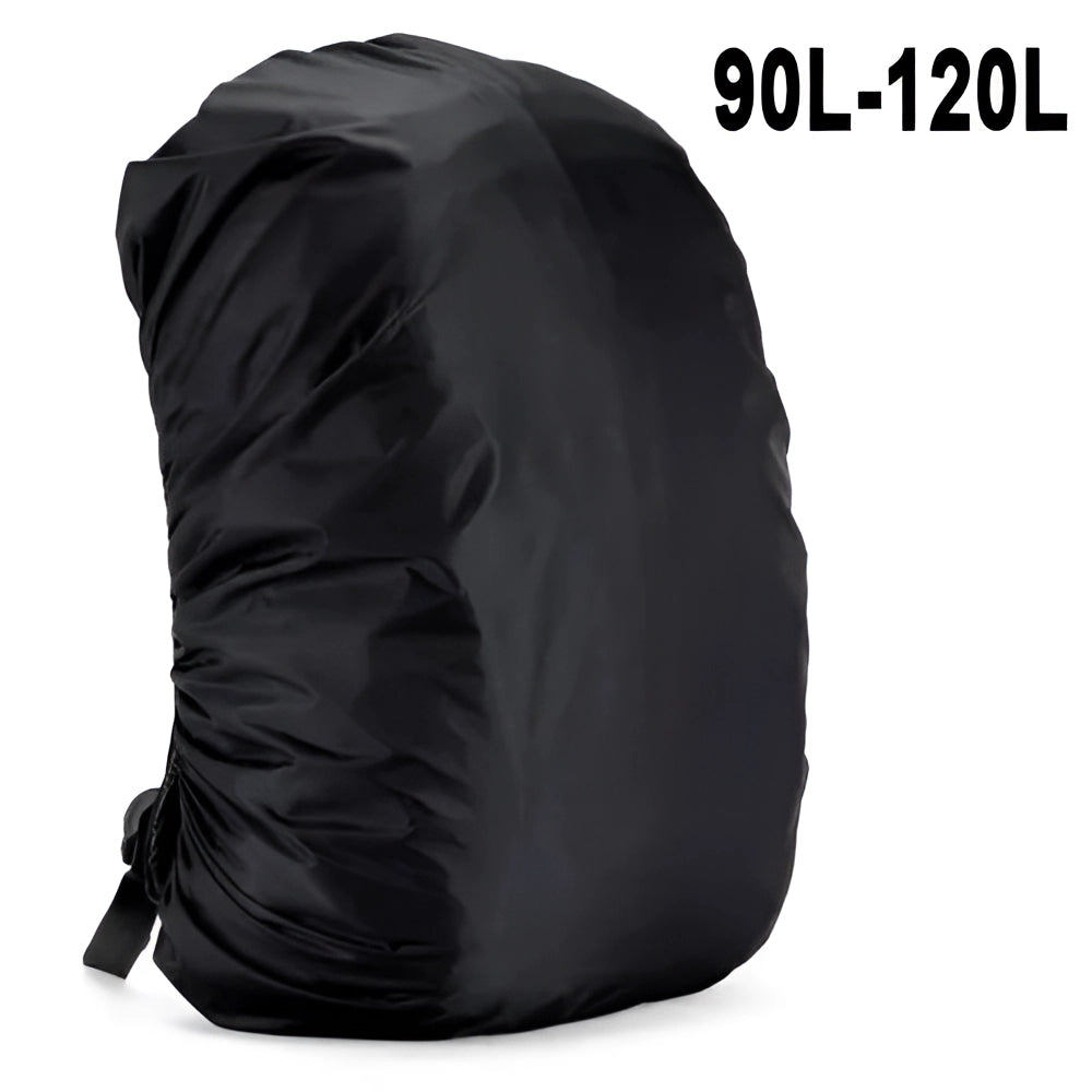 
A black waterproof ultralight backpack rain cover designed for 90, 100, or 120-liter backpacks, showcasing a sleek, durable, and adjustable design ideal for outdoor use.