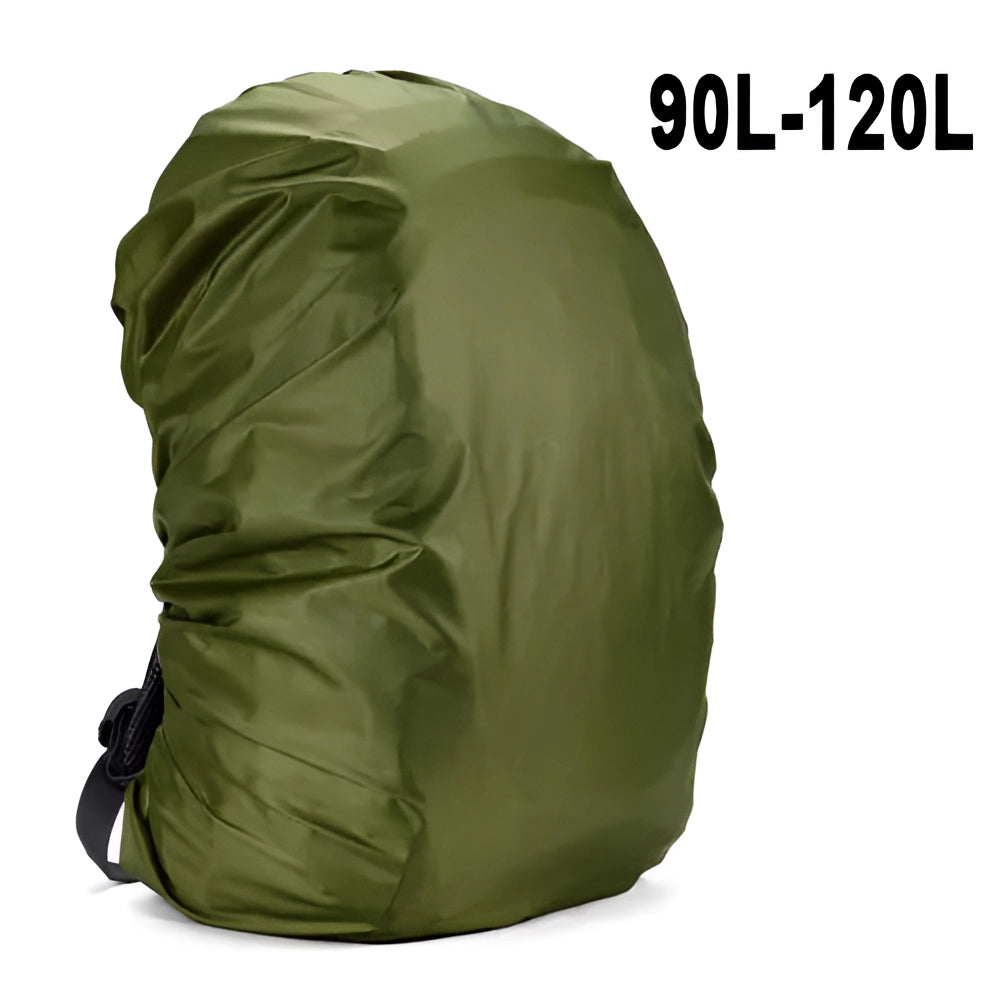 Ultralight waterproof backpack rain cover in army green color, designed to fit backpacks of 90, 100, and 120 liters, shown outdoors with a durable and adjustable quick-dry material.