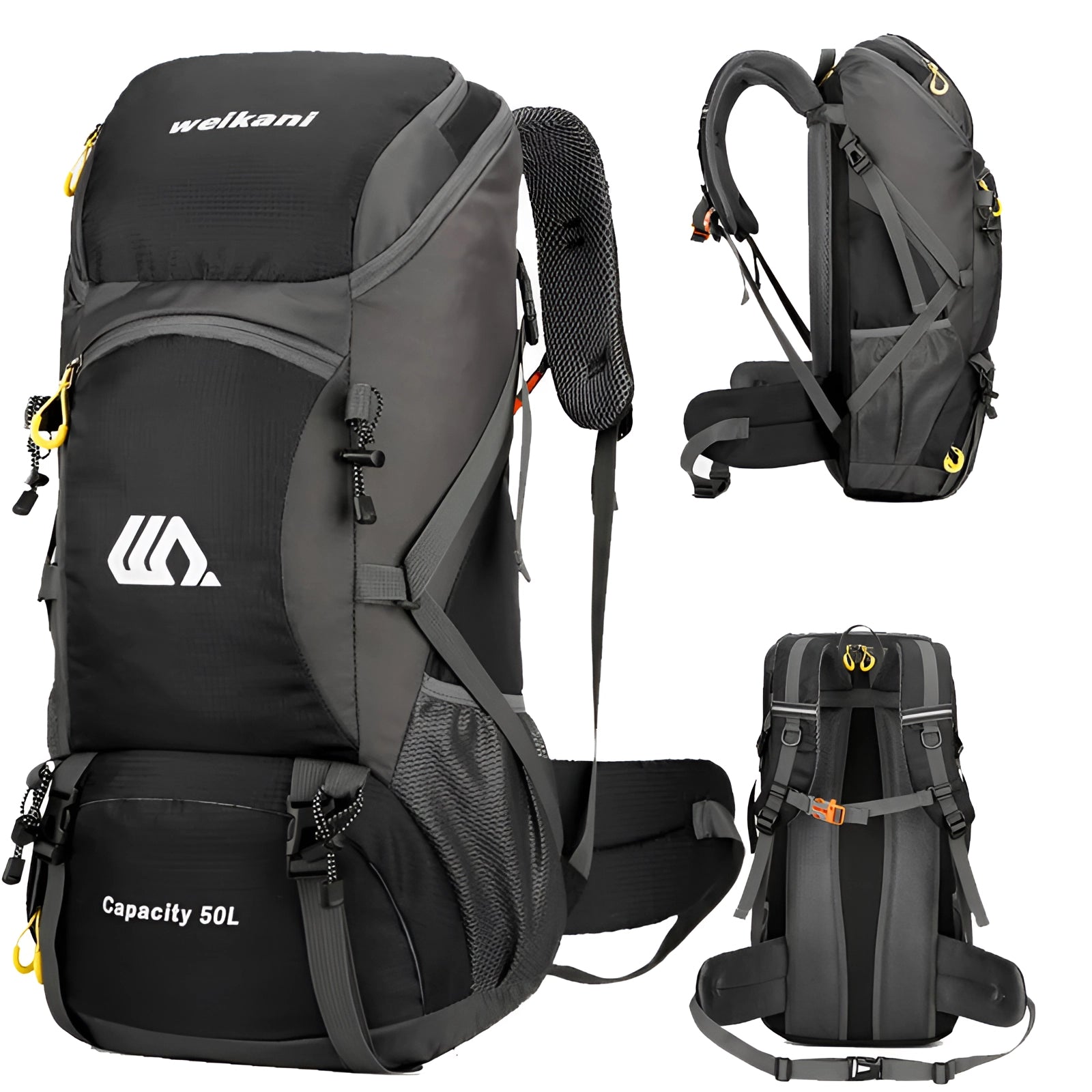 Welkani 50L waterproof hiking backpack in black and white, featuring a durable and ergonomic design with multiple compartments.