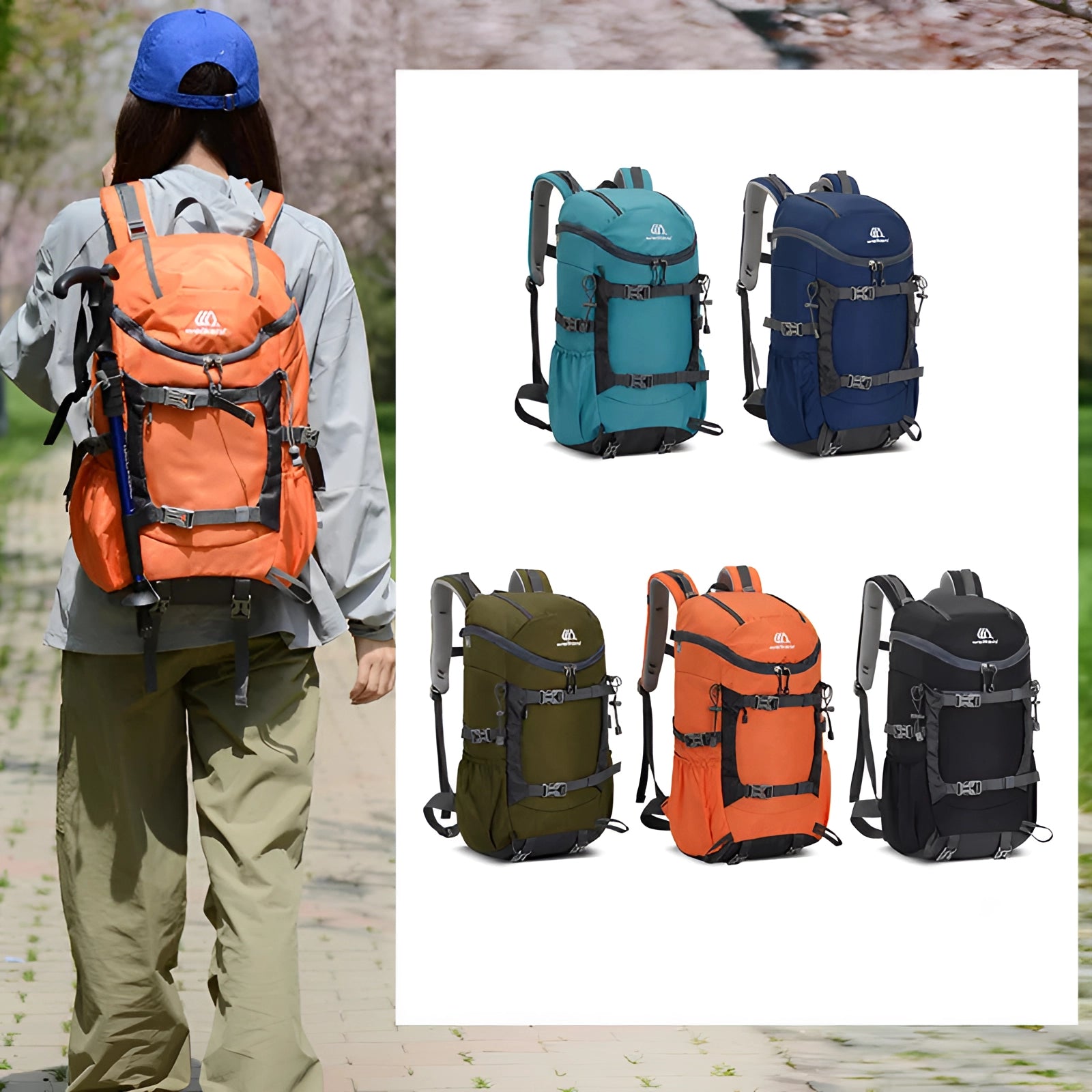 Electric blue hiking backpack with a large capacity, featuring multiple compartments and a water-resistant finish, suitable for travel and outdoor activities.