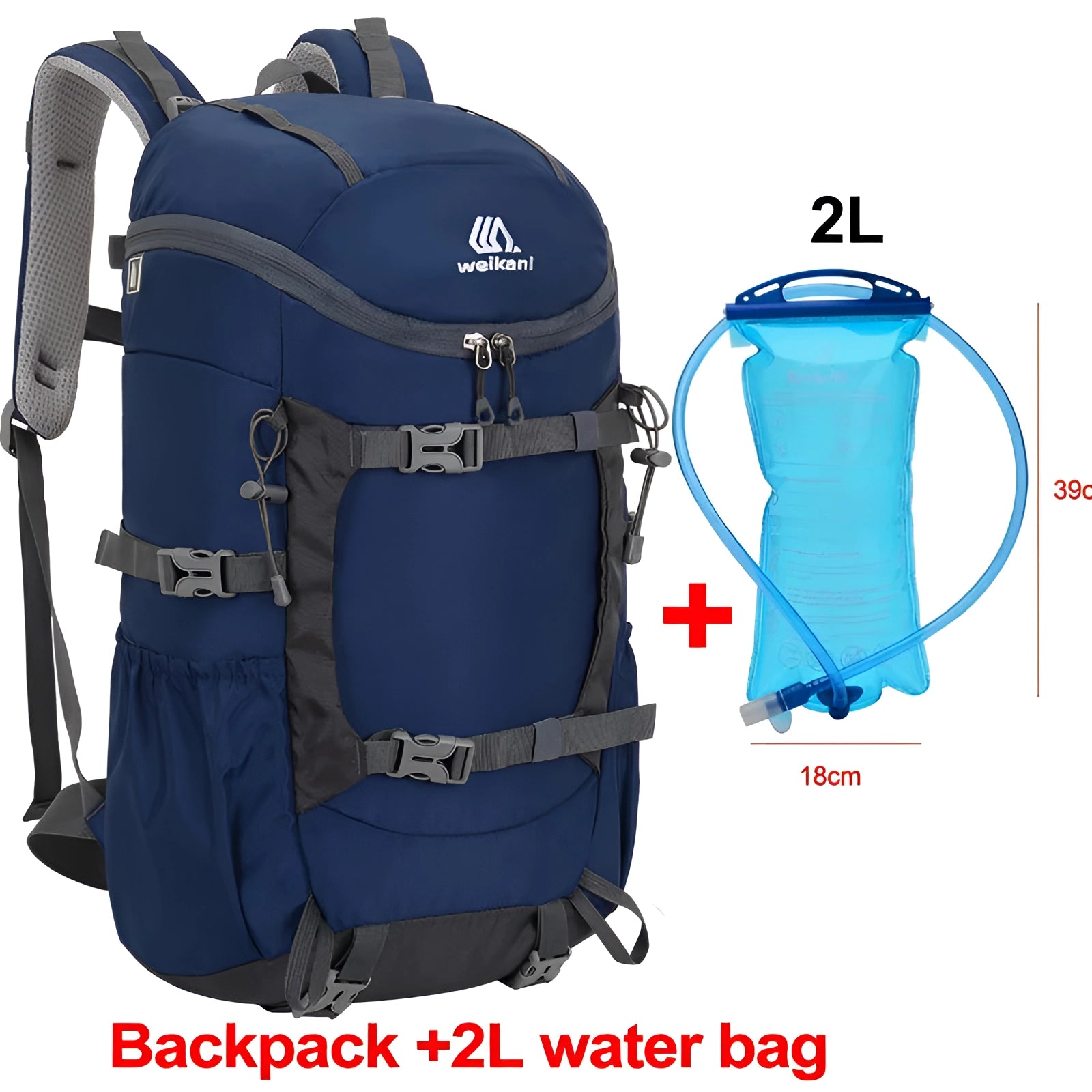 Deep blue hiking backpack with a large capacity, designed for travel and outdoor activities, featuring water-resistant material and multiple compartments.