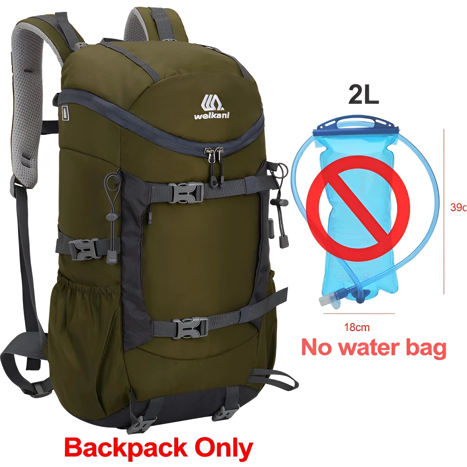 Army green hiking backpack with large capacity and water-resistant material, designed for outdoor activities.