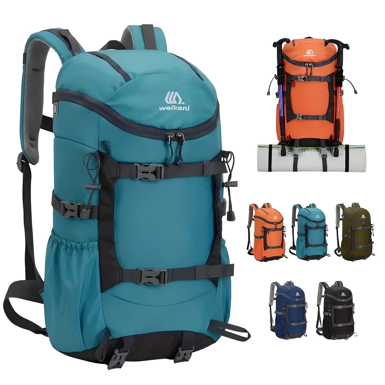 Wellkani Lightweight Multi-Color Hiking Backpack featuring a large capacity and water-resistant design, predominantly in electric blue, suitable for travel and outdoor activities.