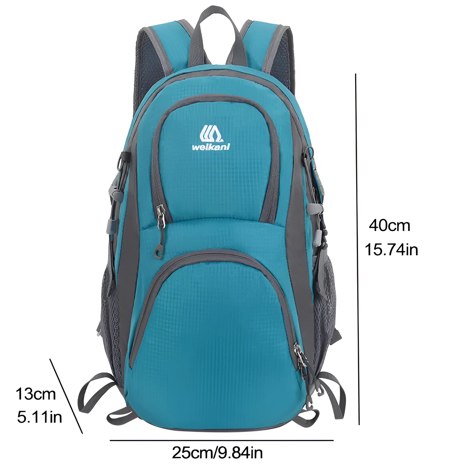 Lightweight grey hiking backpack with multiple pockets, featuring an ergonomic design and water-resistant material, suitable for outdoor adventures.