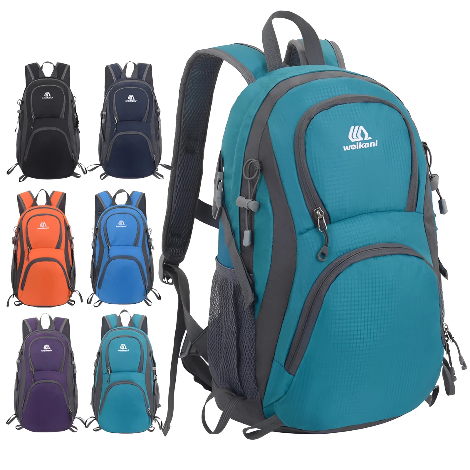 A lightweight, water-resistant hiking backpack in shades of white, blue, and green, featuring an ergonomic design with multiple pockets.