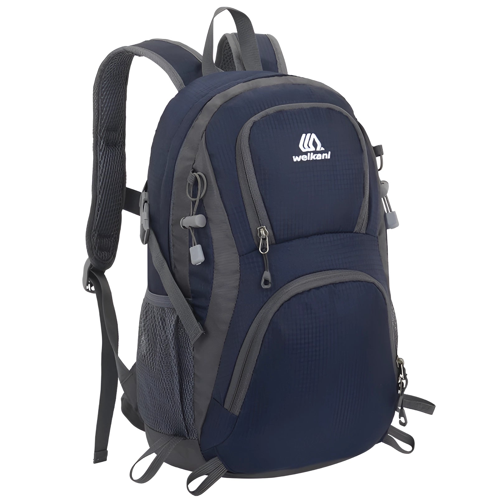 Deep blue ergonomic hiking backpack with multiple pockets, featuring lightweight and water-resistant material, suitable for outdoor adventures and personal protection.