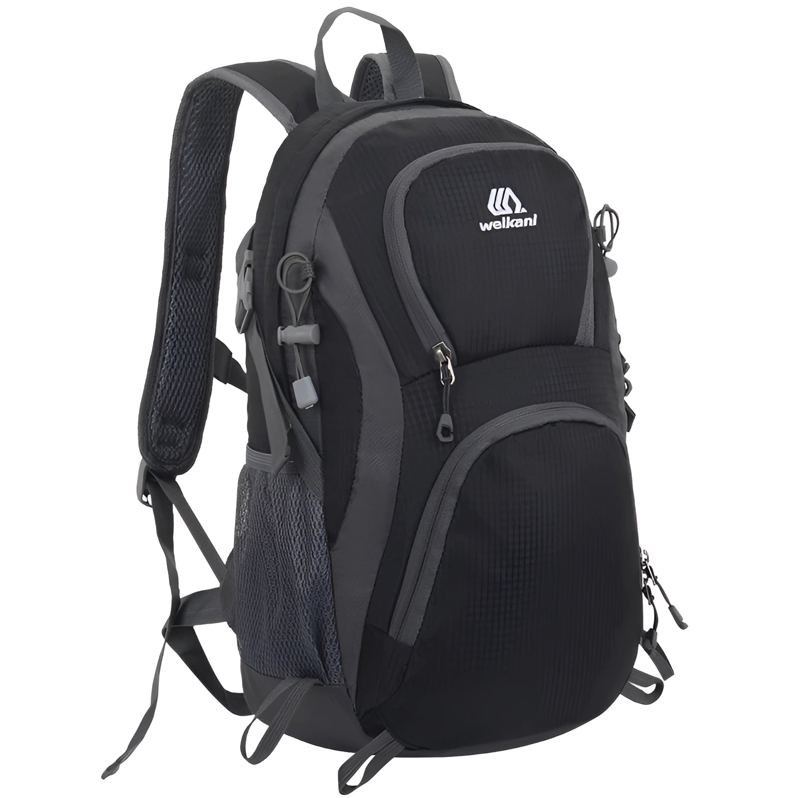 Black Wellsan Lightweight Water-Resistant Hiking Backpack with ergonomic design and multiple pockets, suitable for outdoor activities.