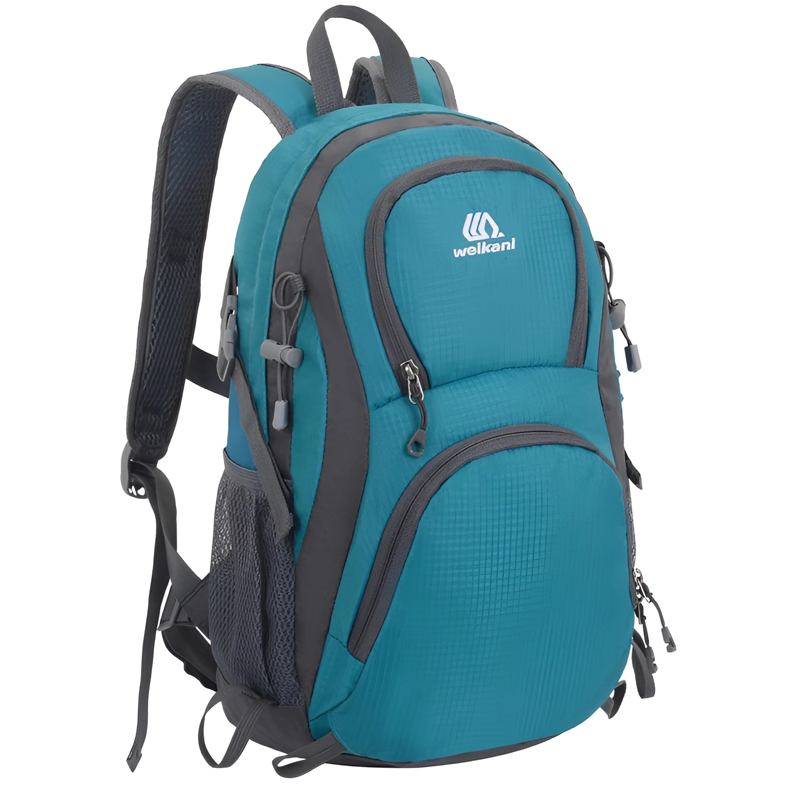 Lightweight water-resistant hiking backpack in lake blue with ergonomic design and multiple pockets, suitable for outdoor activities and equipped with adjustable straps for comfort.