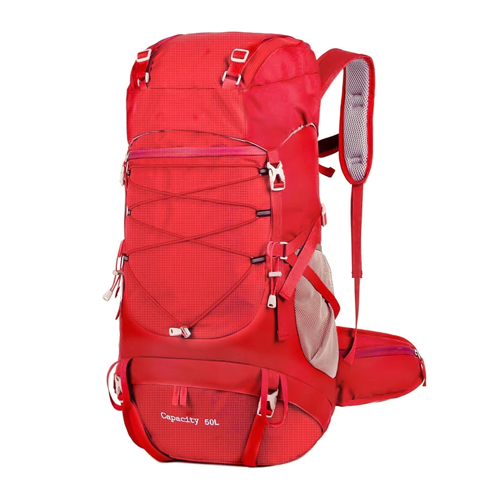 A red WESTTUNE 50L hiking backpack with multiple compartments and a rain cover, showcasing the brand logo.