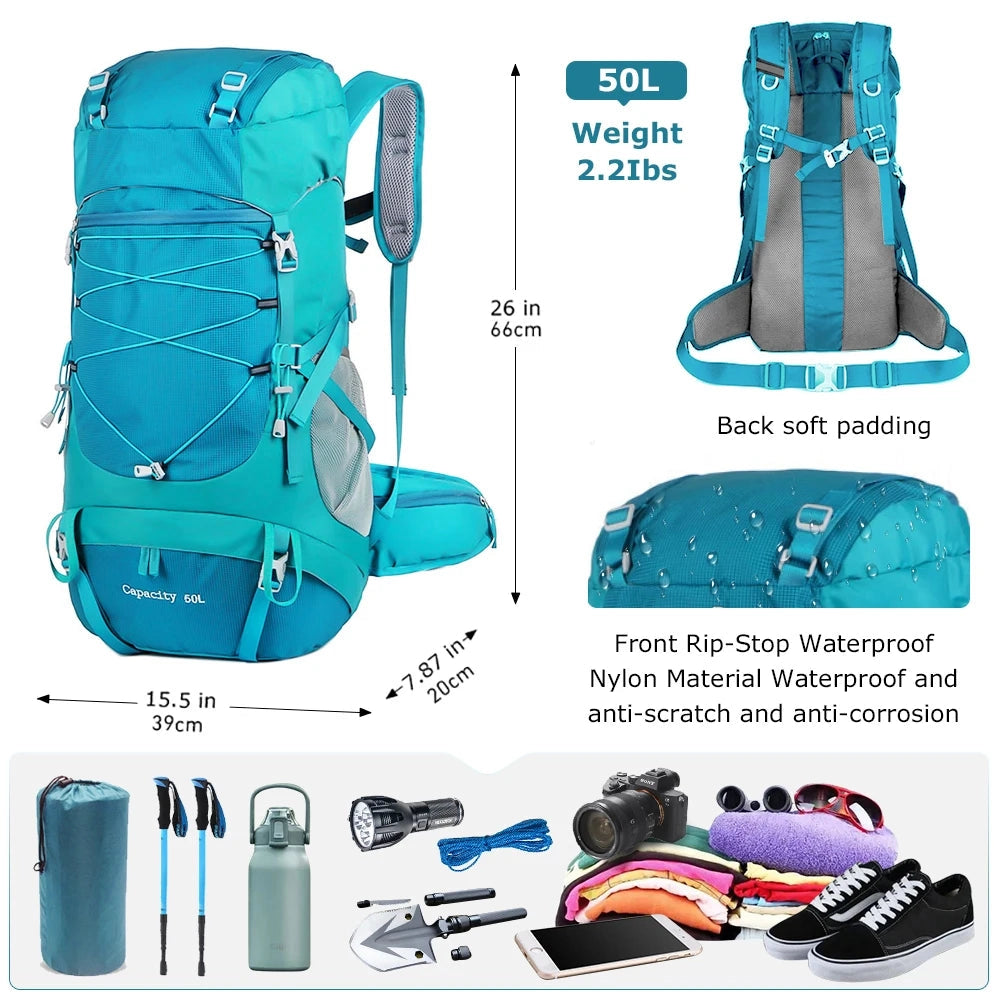 Turquoise hiking backpack with multiple compartments and rain cover, 50L capacity.