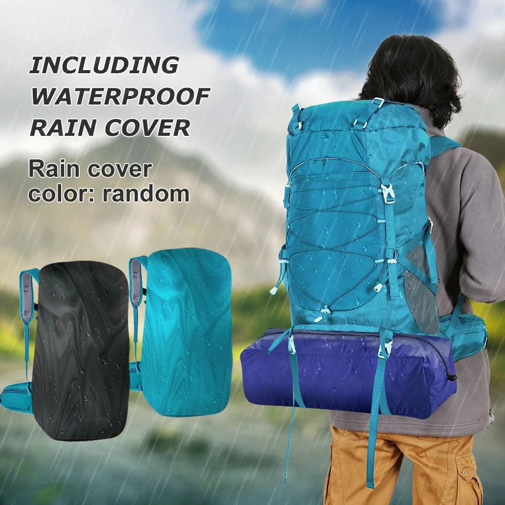 A turquoise hiking backpack with multiple compartments and a rain cover, set against a backdrop of a clear blue sky and a few clouds, showing people enjoying nature and leisure activities.