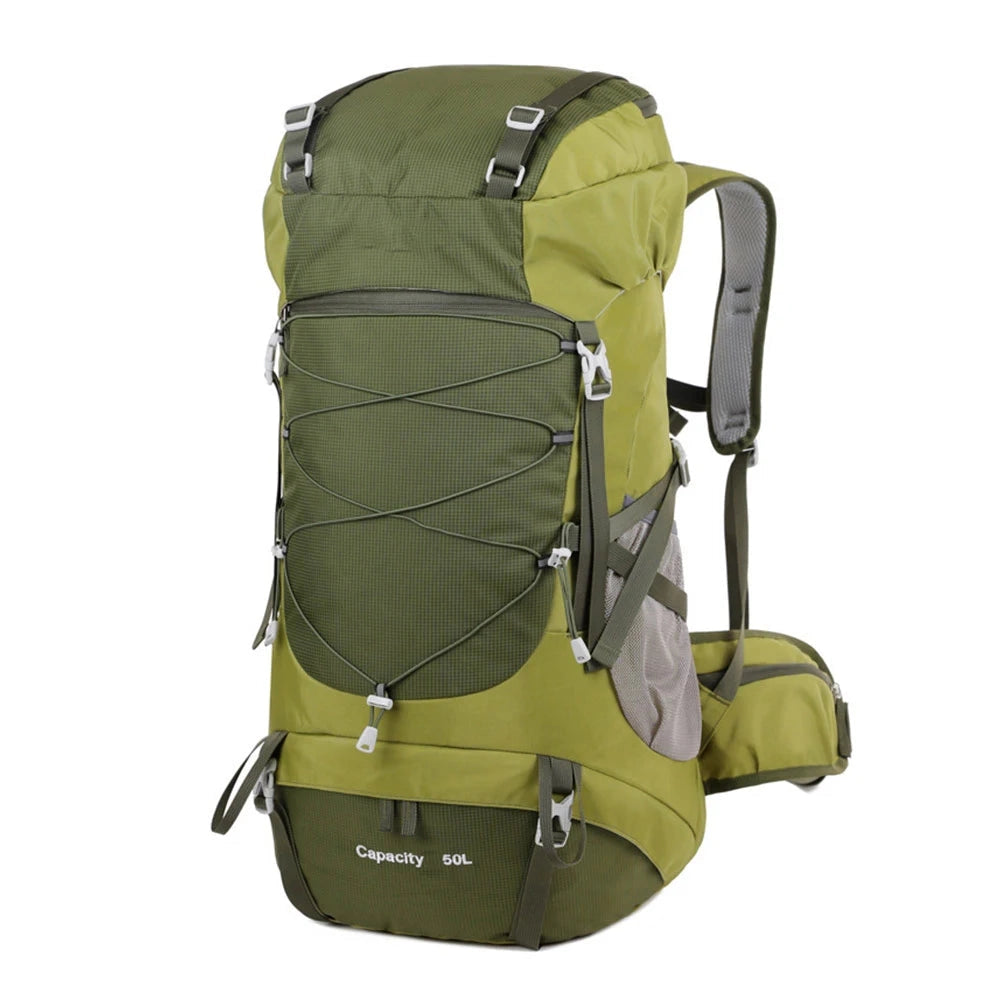 Army Green WESTTUNE 50L Hiking Backpack with multiple compartments, rain cover, and adjustable straps.