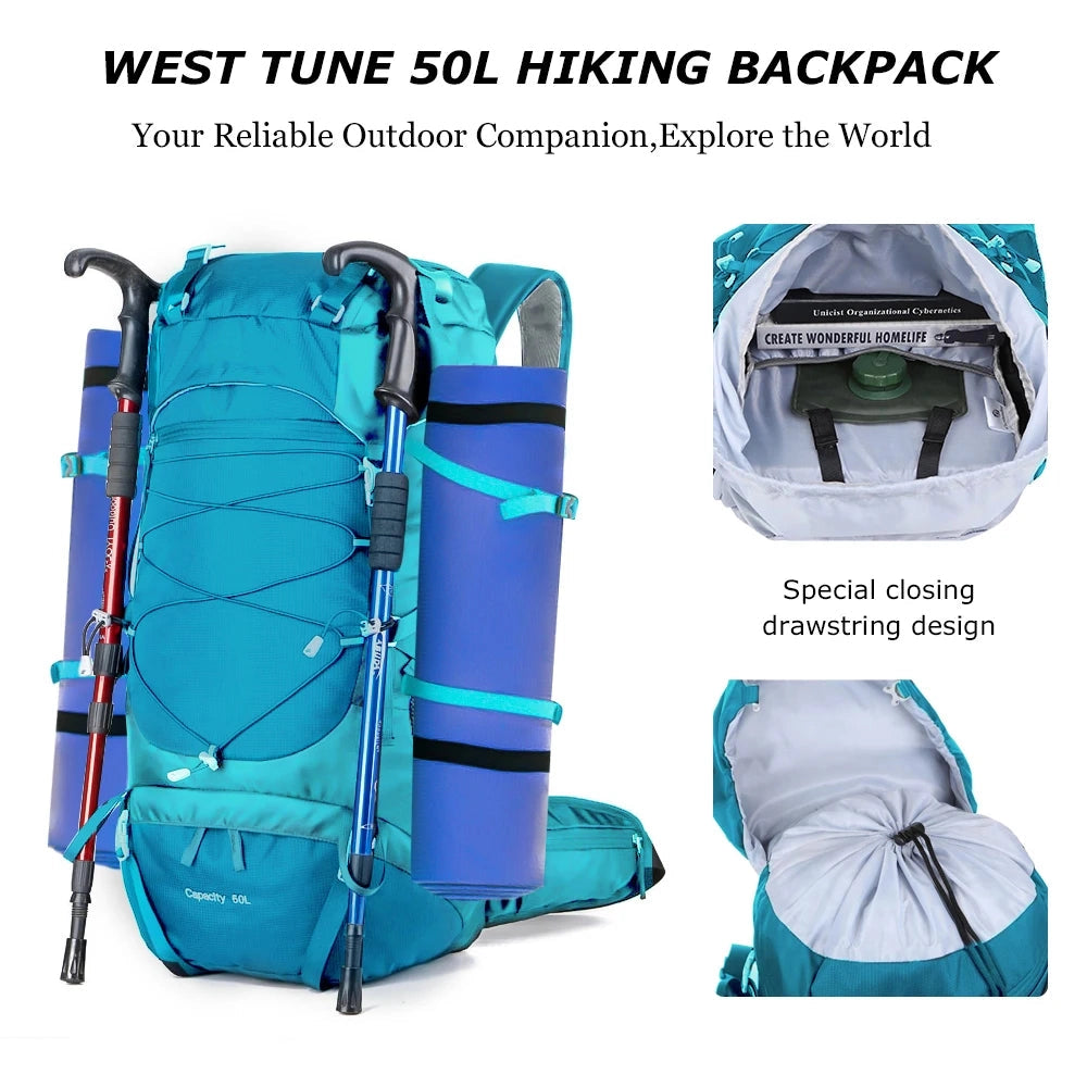 WESTTUNE 50L turquoise hiking backpack with rain cover, featuring multiple compartments and an electric blue design, suitable for travel and outdoor use.