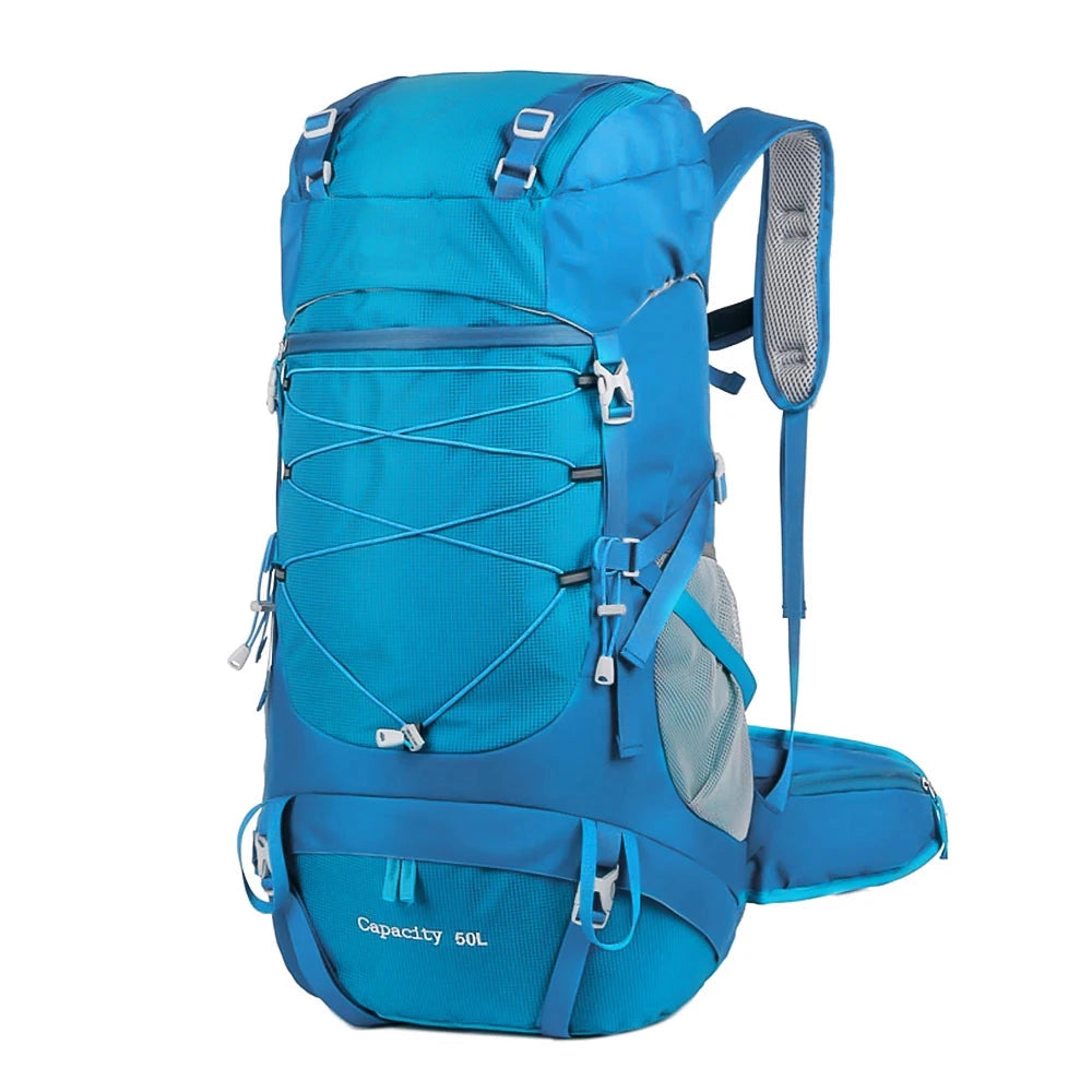 Turquoise 50L hiking backpack with rain cover, multiple compartments, and adjustable straps.