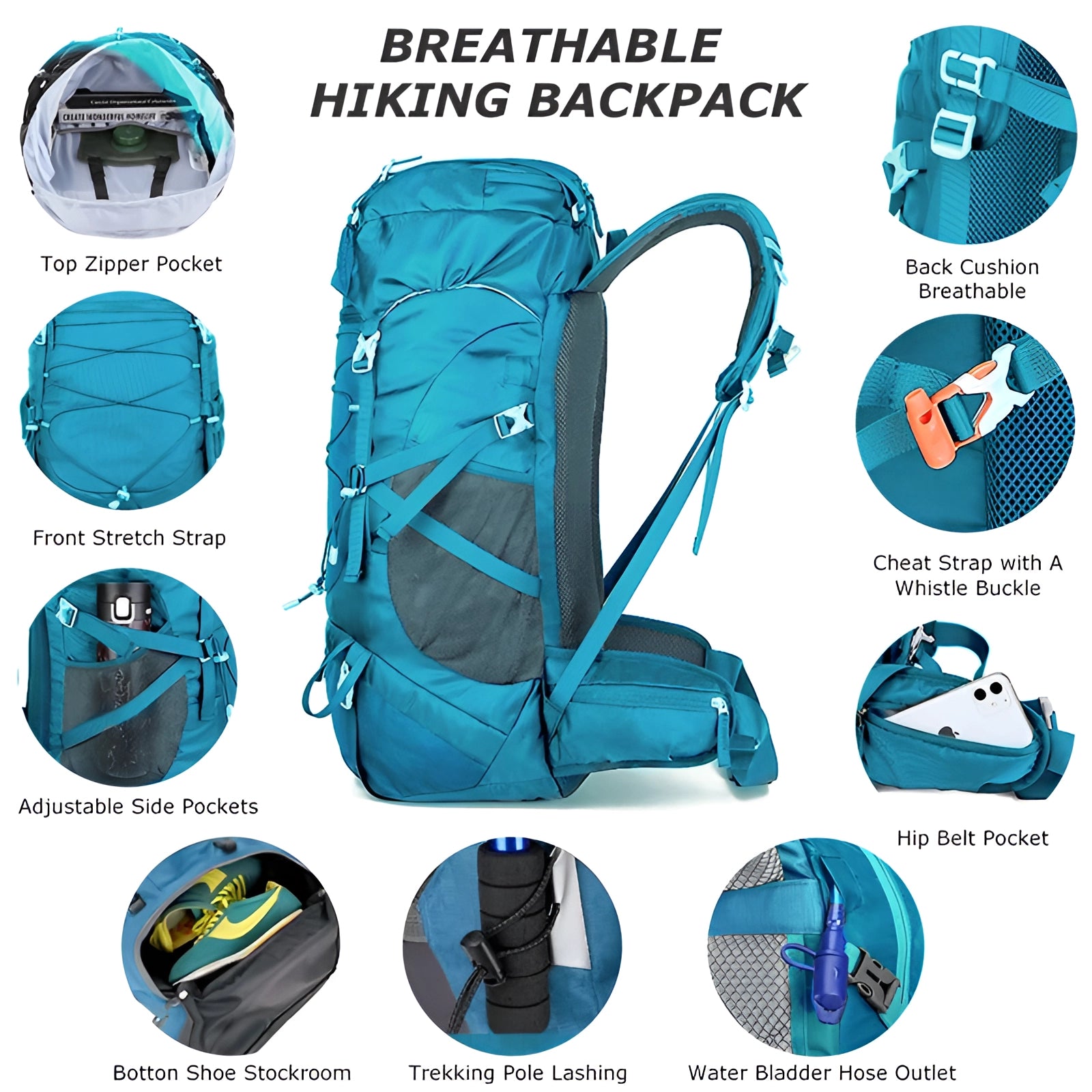 Turquoise hiking backpack with rain cover, 50L capacity, multiple compartments.