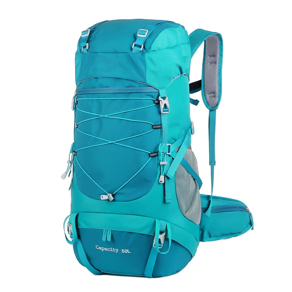 Turquoise 50L hiking backpack with rain cover, multiple compartments, and adjustable straps in lake blue color.