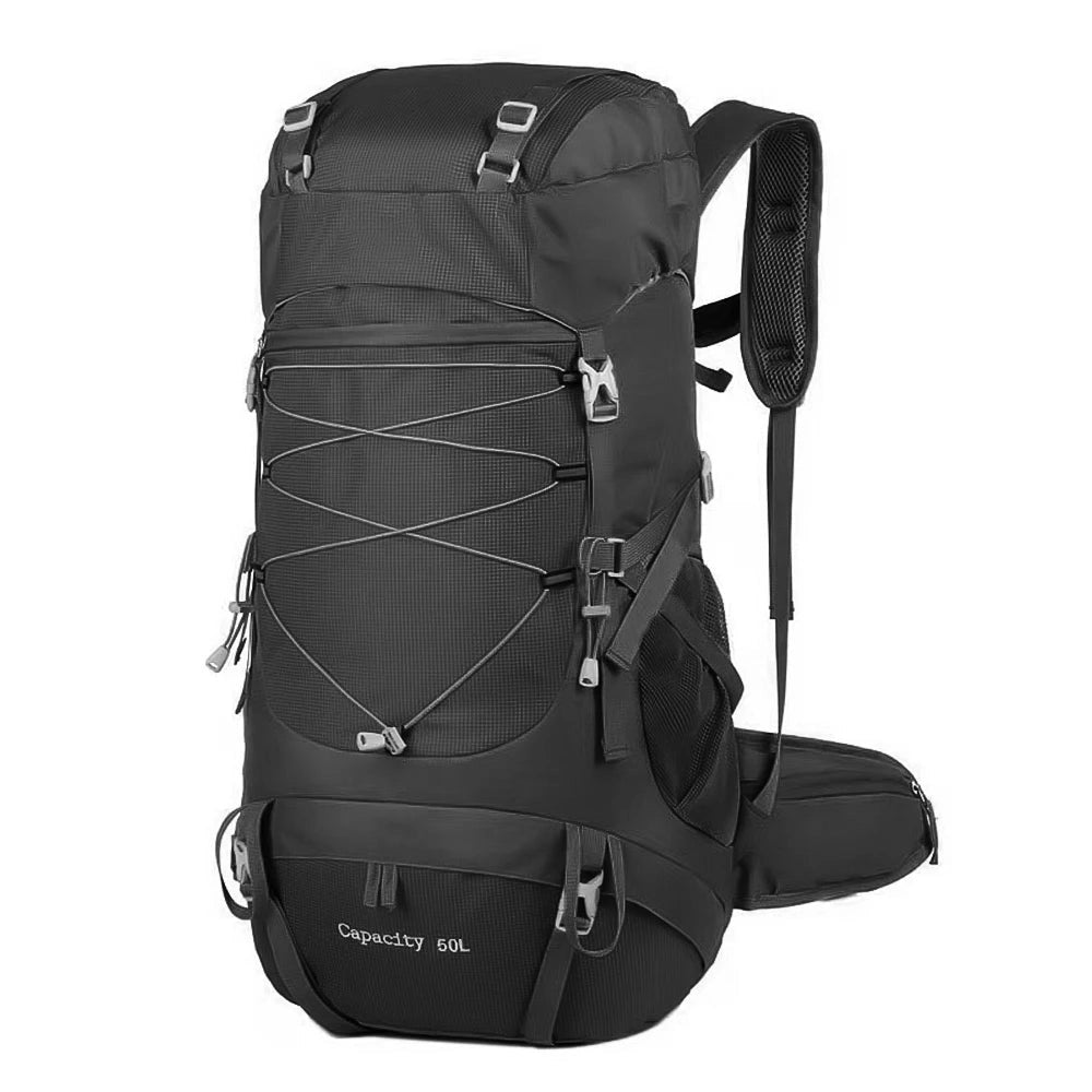 Turquoise hiking backpack with multiple compartments, rain cover, and black accents.