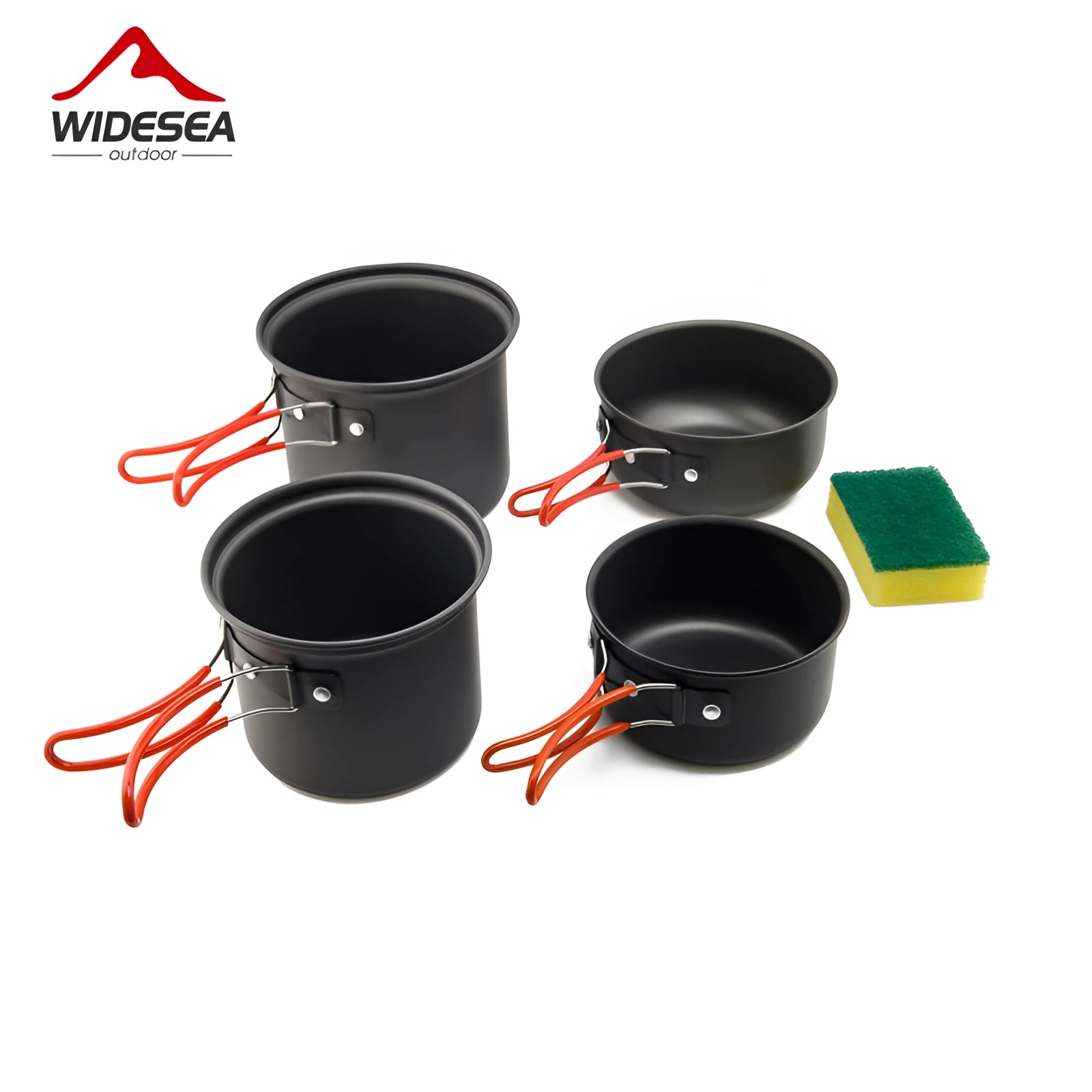 Ultralight non-stick camping cookware set including stackable pots and cups, designed for portability and outdoor use.