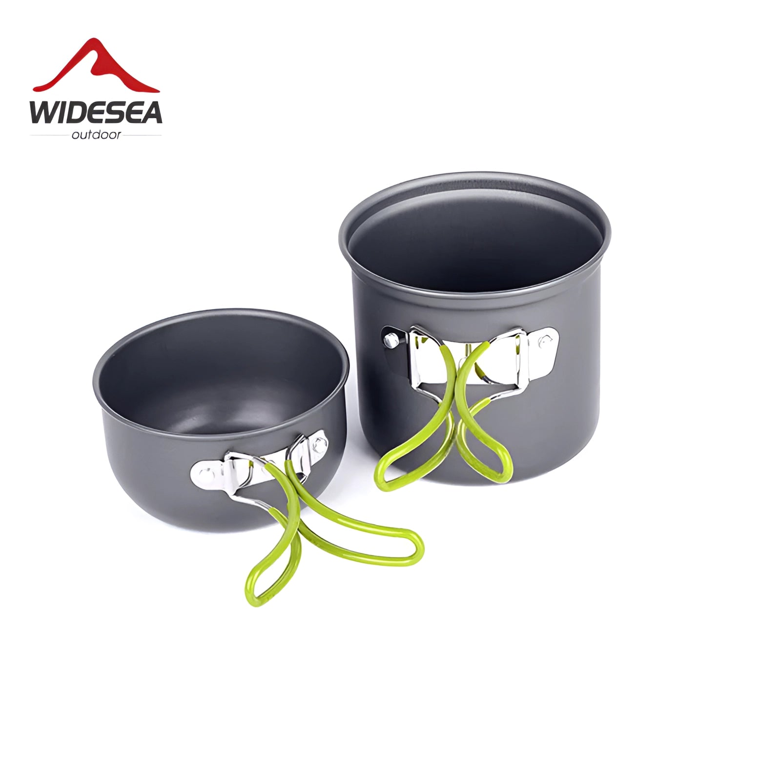 Ultralight non-stick camping cookware set in green, featuring stackable and portable pots, pans, and cups designed for outdoor cooking.