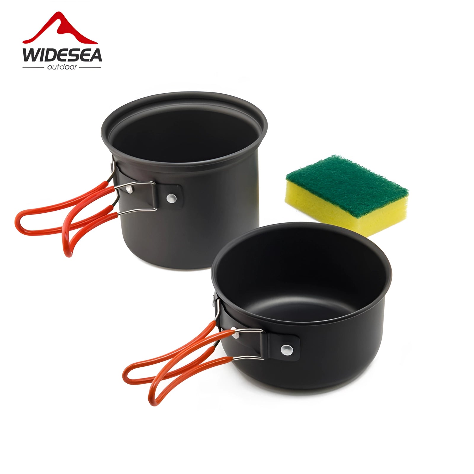 Ultralight non-stick camping cookware set in orange, featuring a stackable and portable design, including drinkware items like cups.