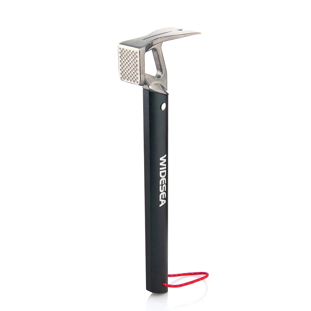 Aluminum camping hammer with tent stake puller in black, featuring a lightweight and durable design, suitable for outdoor use.