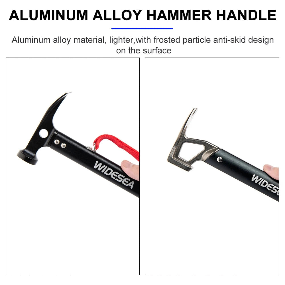 Aluminum camping hammer with a built-in tent stake puller, featuring a durable and lightweight design ideal for outdoor use.