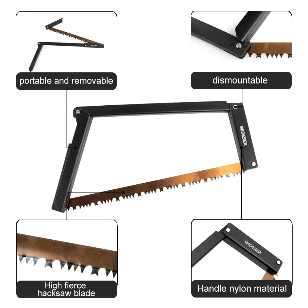 Lightweight folding camping saw designed for outdoor survival, featuring a sleek handle and compact blade, ideal for camping and hiking adventures.