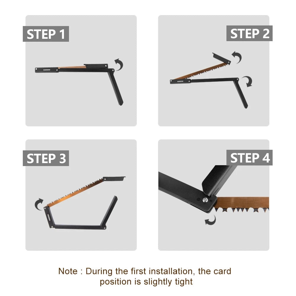 Folding camping saw with a lightweight design, featuring a sturdy blade and ergonomic handle for outdoor survival activities.