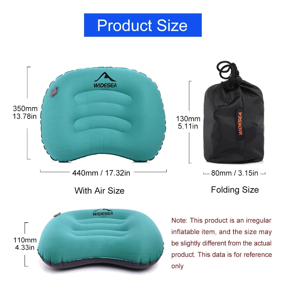 Inflatable camping pillow in shades of grey and aqua with an ergonomic design, featuring the WIDESEA logo.