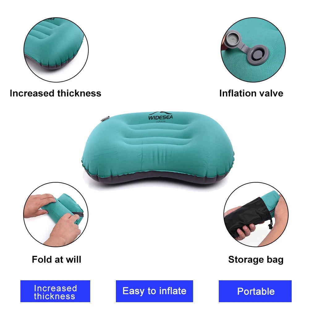 Inflatable camping pillow in blue color, featuring an ergonomic design with a waterproof surface, showcasing the WIDESEA logo.