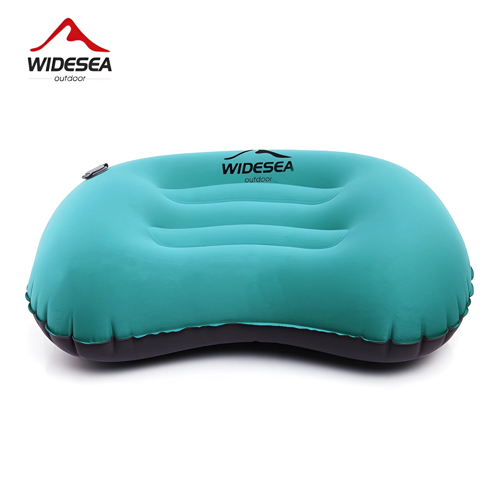 Inflatable camping pillow in electric blue color with an ergonomic design, made from waterproof plastic material.