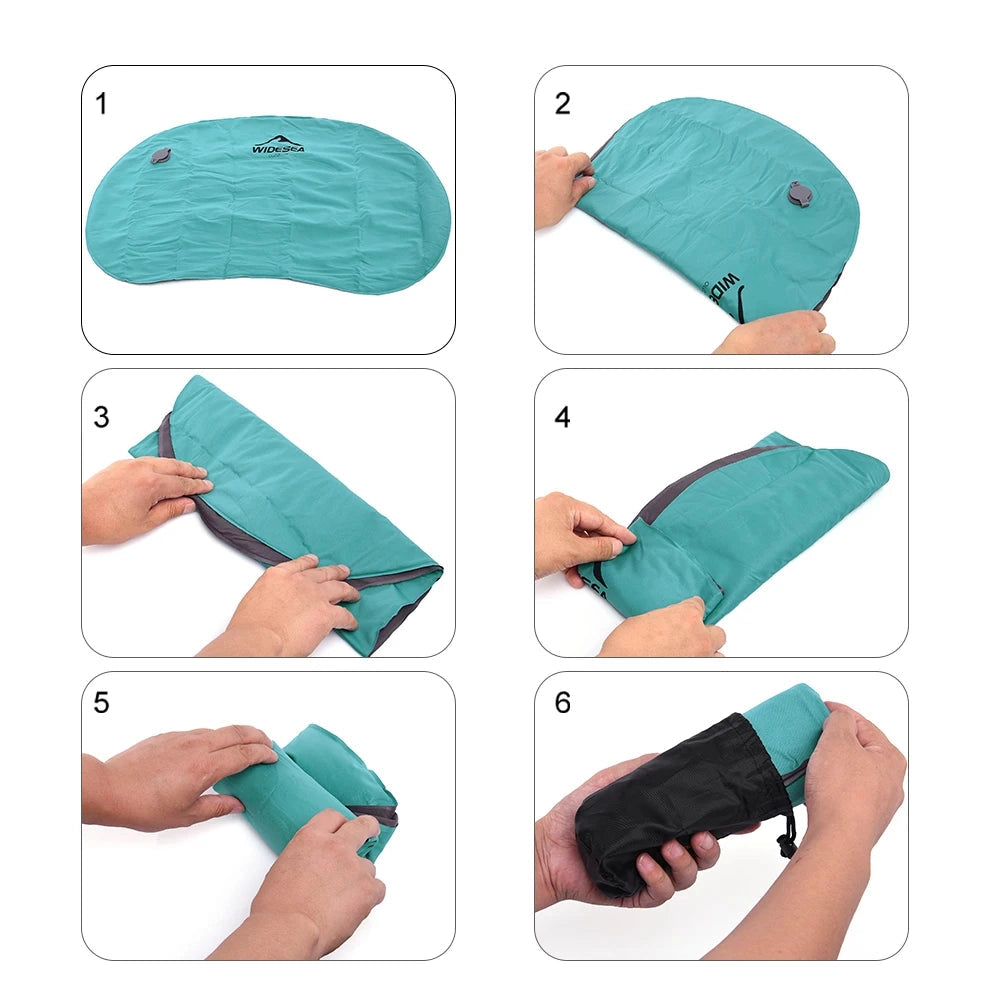 Inflatable camping pillow in shades of green and blue with an ergonomic shape, highlighted against a white background, designed by WIDESEA for portability and waterproof use.