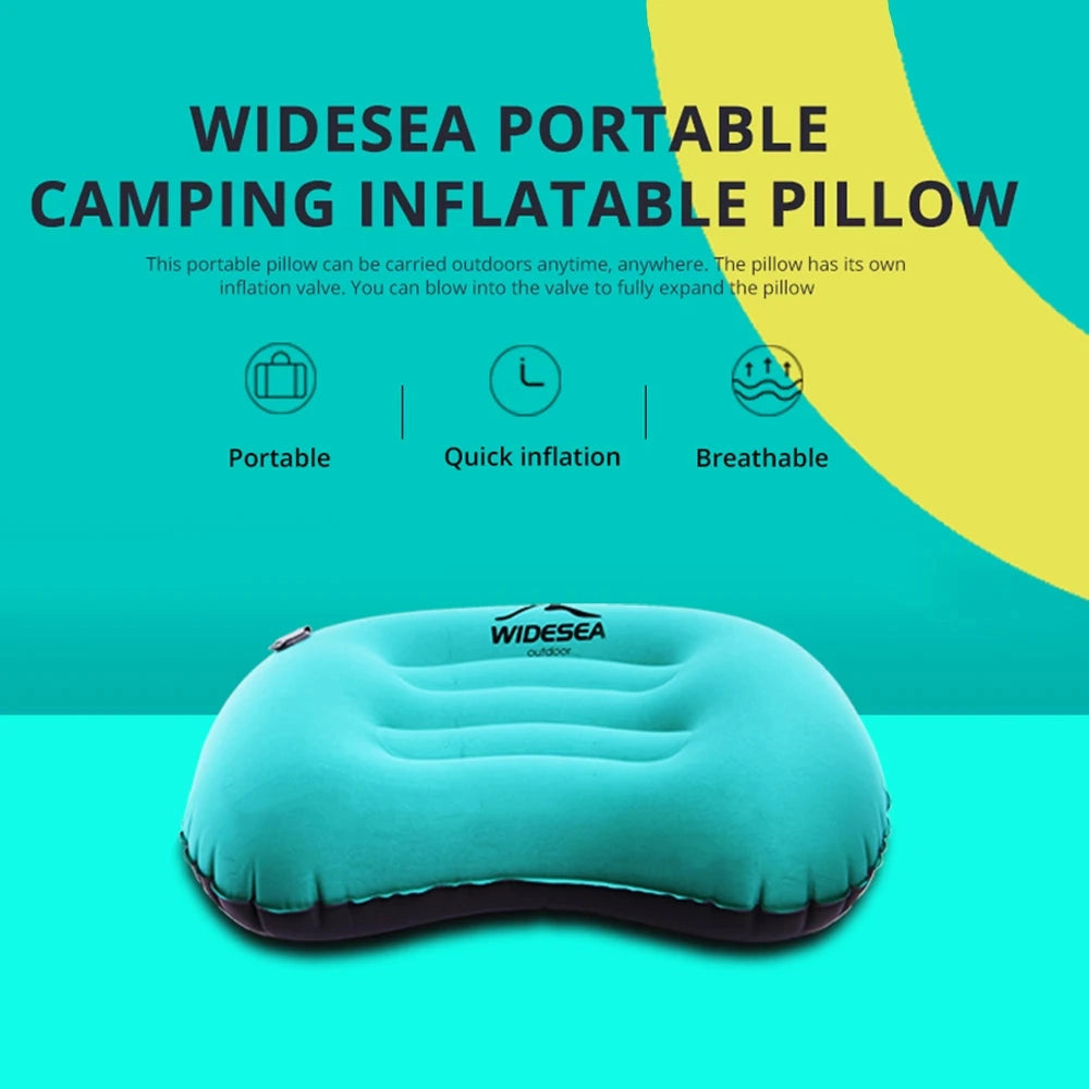 Inflatable camping pillow in azure color, designed for portability and ergonomic support, featuring a waterproof surface.