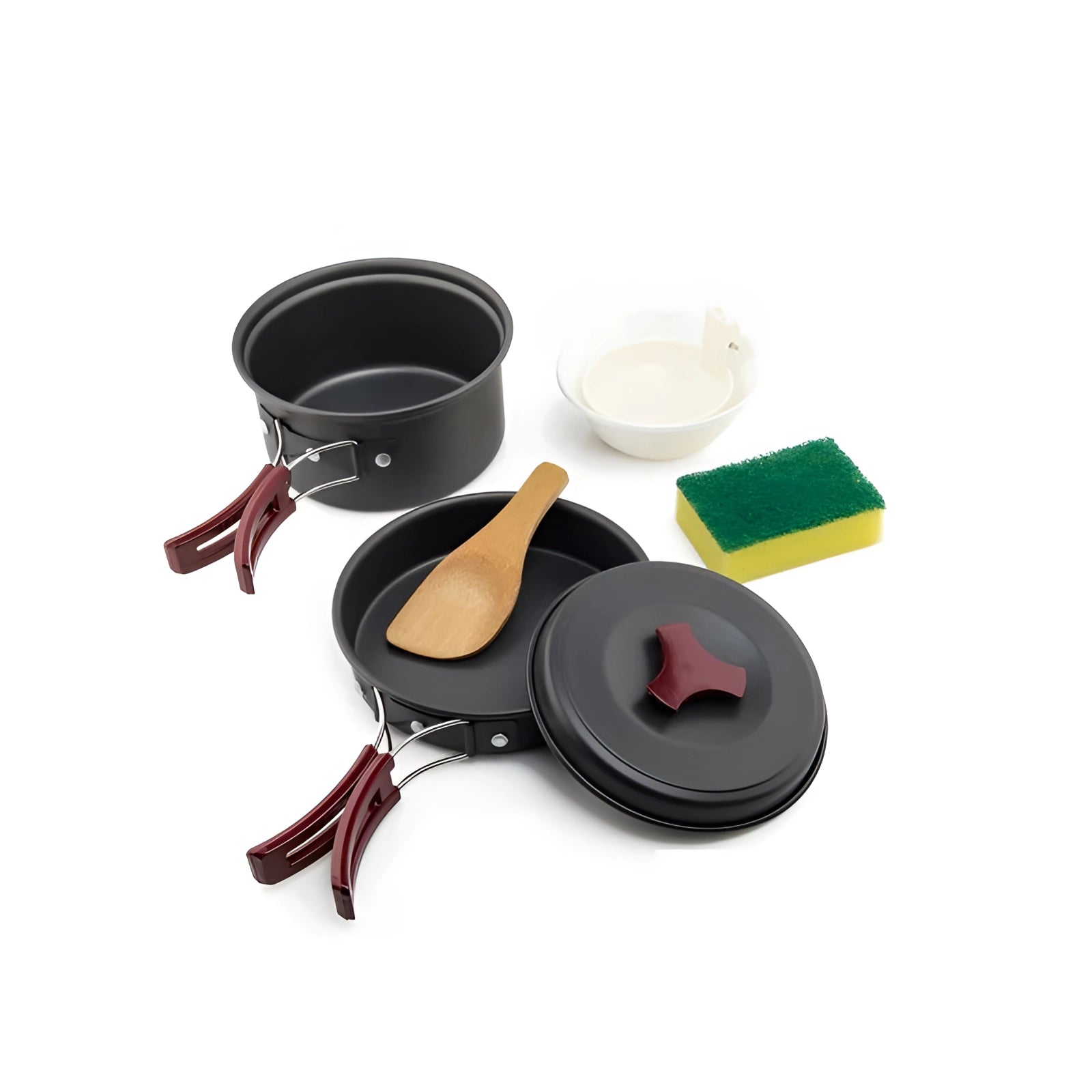 A lightweight, non-stick camping cookware set made of anodized aluminum designed for 1-2 persons, featuring a compact and portable design suitable for outdoor cooking.