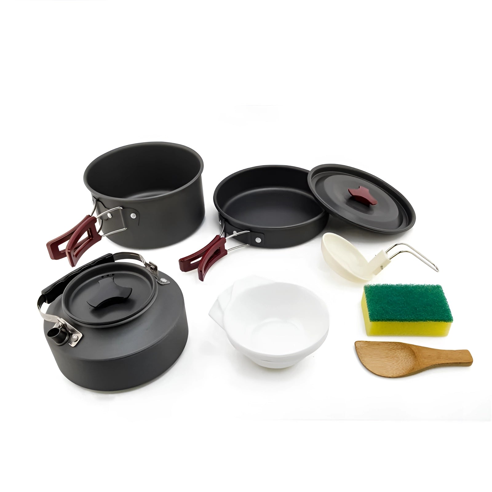 Lightweight anodized aluminum camping cookware set including pots, pans, and a kettle designed for 2-3 people, ideal for outdoor cooking and easy to transport.