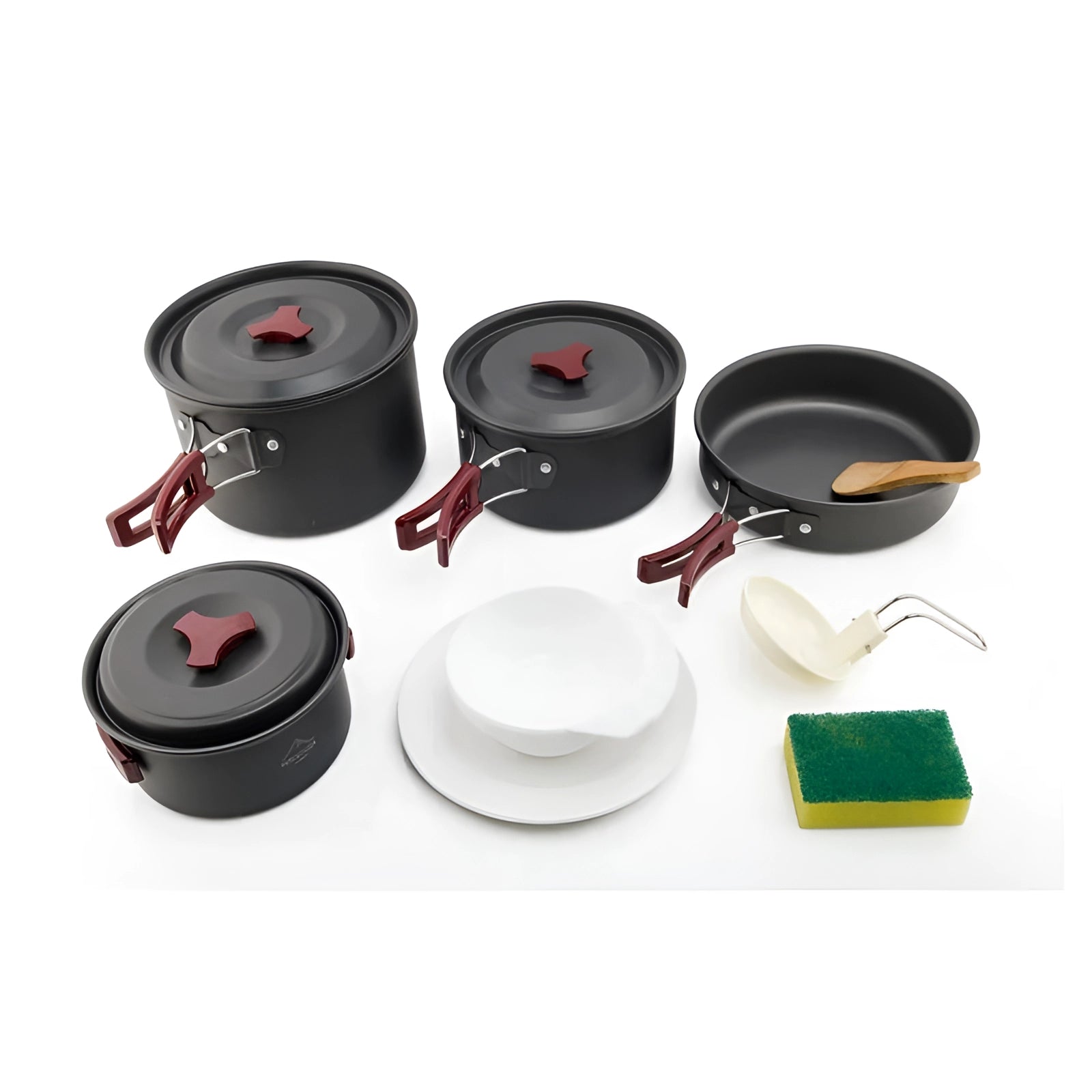 A lightweight, non-stick camping cookware set made from anodized aluminum, designed for 4-5 persons, featuring various pots and pans ideal for outdoor cooking and camping adventures.