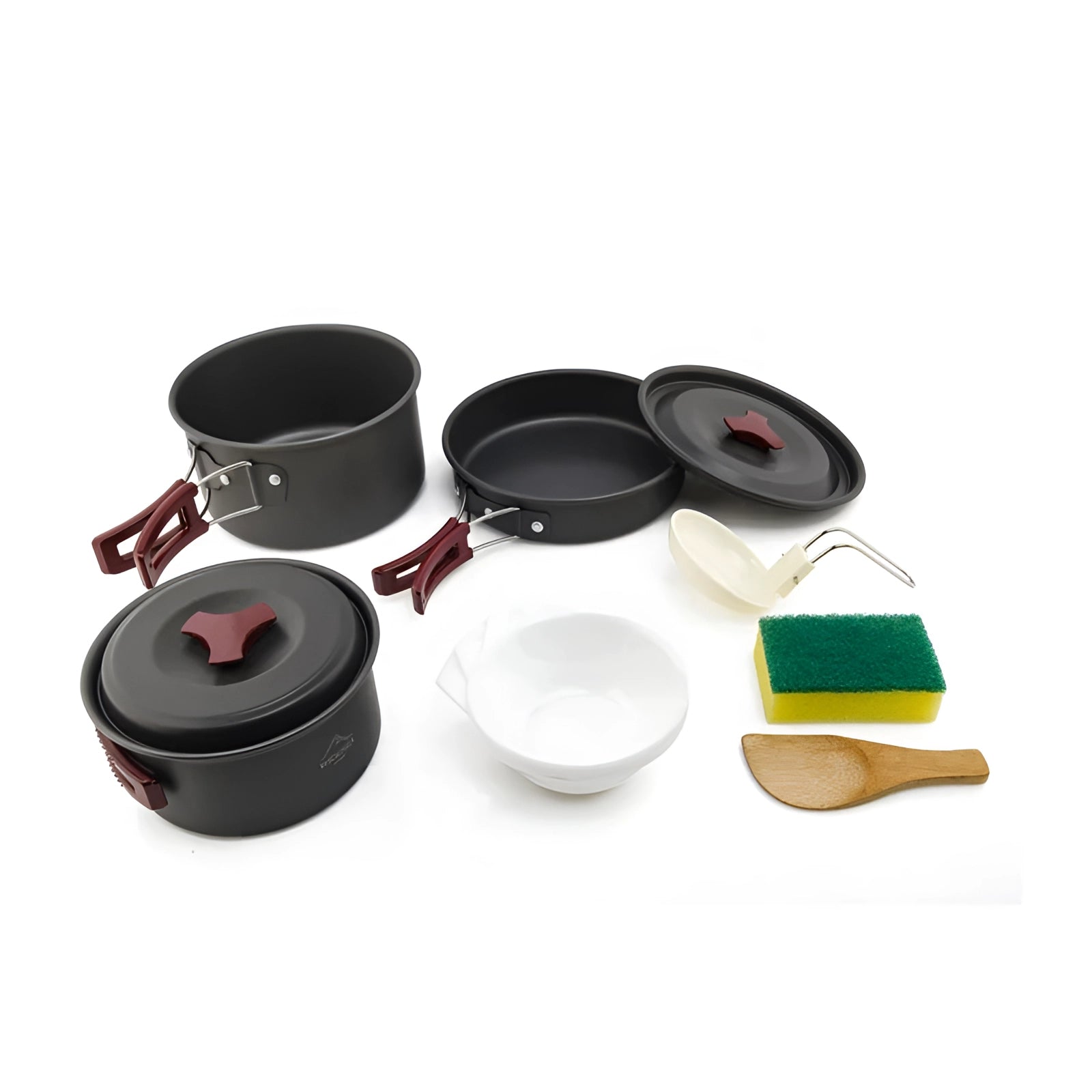 Lightweight non-stick camping cookware set made from anodized aluminum, ideal for 2-3 persons, featuring compact and durable design including cups and dishware for outdoor use.