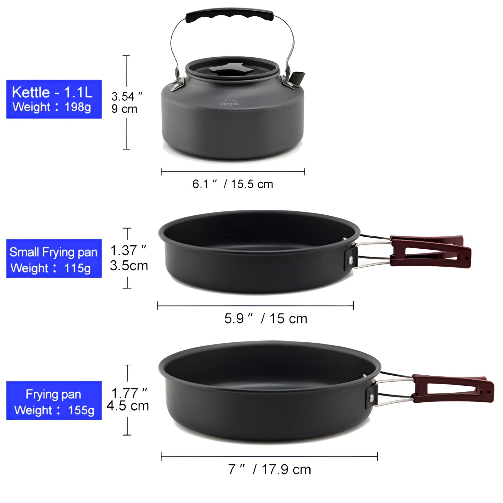 
A lightweight, non-stick camping cookware set made of anodized aluminum, featuring a pot, pan, and other kitchen utensils, designed for outdoor cooking.