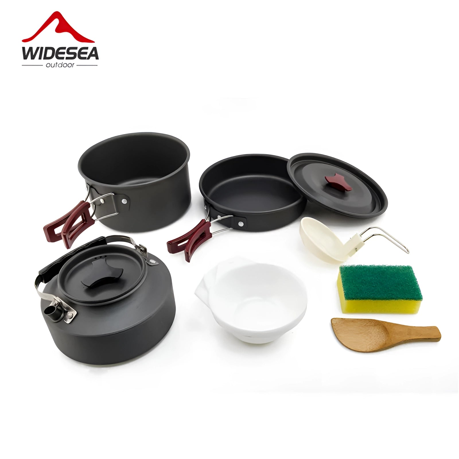 Lightweight non-stick camping cookware set made of anodized aluminum, featuring pots, pans, and utensils designed for outdoor use; includes items resembling dishware and drinkware.